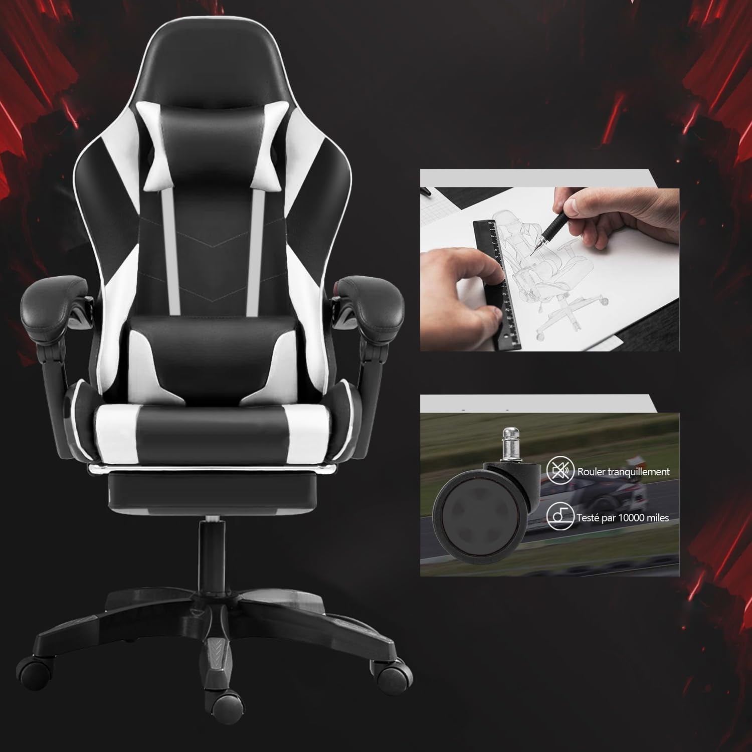 Chaise Gaming, Siège De Bureau Réglable, Fauteuil Gaming Avec Repose-Pieds Télescopique (Noir Et Blanc)