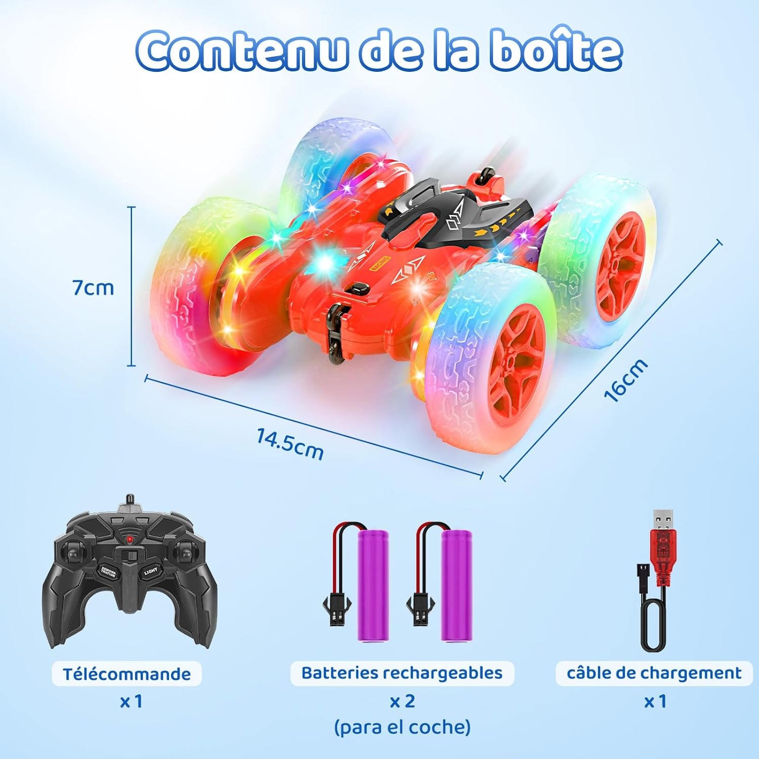 Voiture Télécommandée, Voiture Cascadeuse Avec Bande Lumineuse Latérale Et Phares, 2.4Ghz, Rotations À 360°, Voiture RC Rechargeable Jouet Pour Garçons Filles Cadeau D'Anniversaire, Rouge