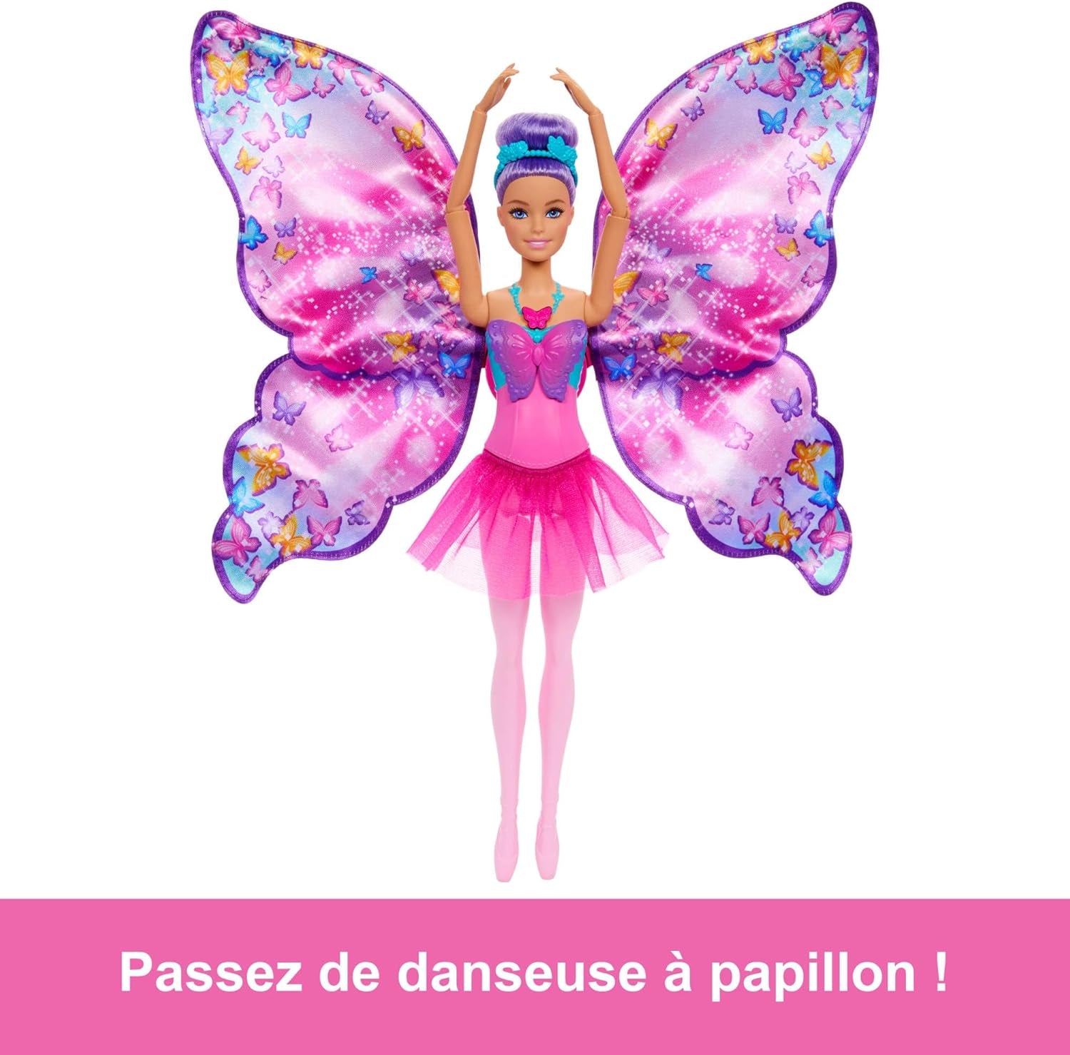 De Danseuse À Papillon Poupée Transformation 2 En 1 Avec Ailes Qui S’Ouvrent, Cheveux Violets, Serre-Tête Et Tutu Amovible, HXJ10