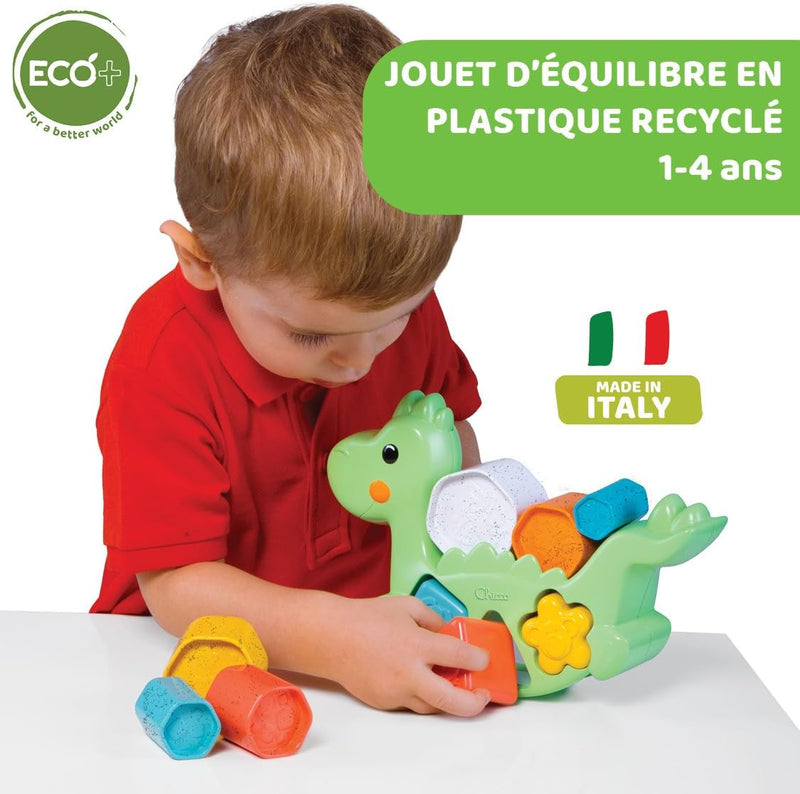 Lino Le Dino 2 En 1 ECO +, Jeu D'Équilibre Et De Tri, Dinosaure Avec 6 Cylindres, 3 Formes Et 3 Activités, Fabriqué En Italie À Partir De Plastique Recyclé, Jouet Éducatif De 1 À 4 Ans