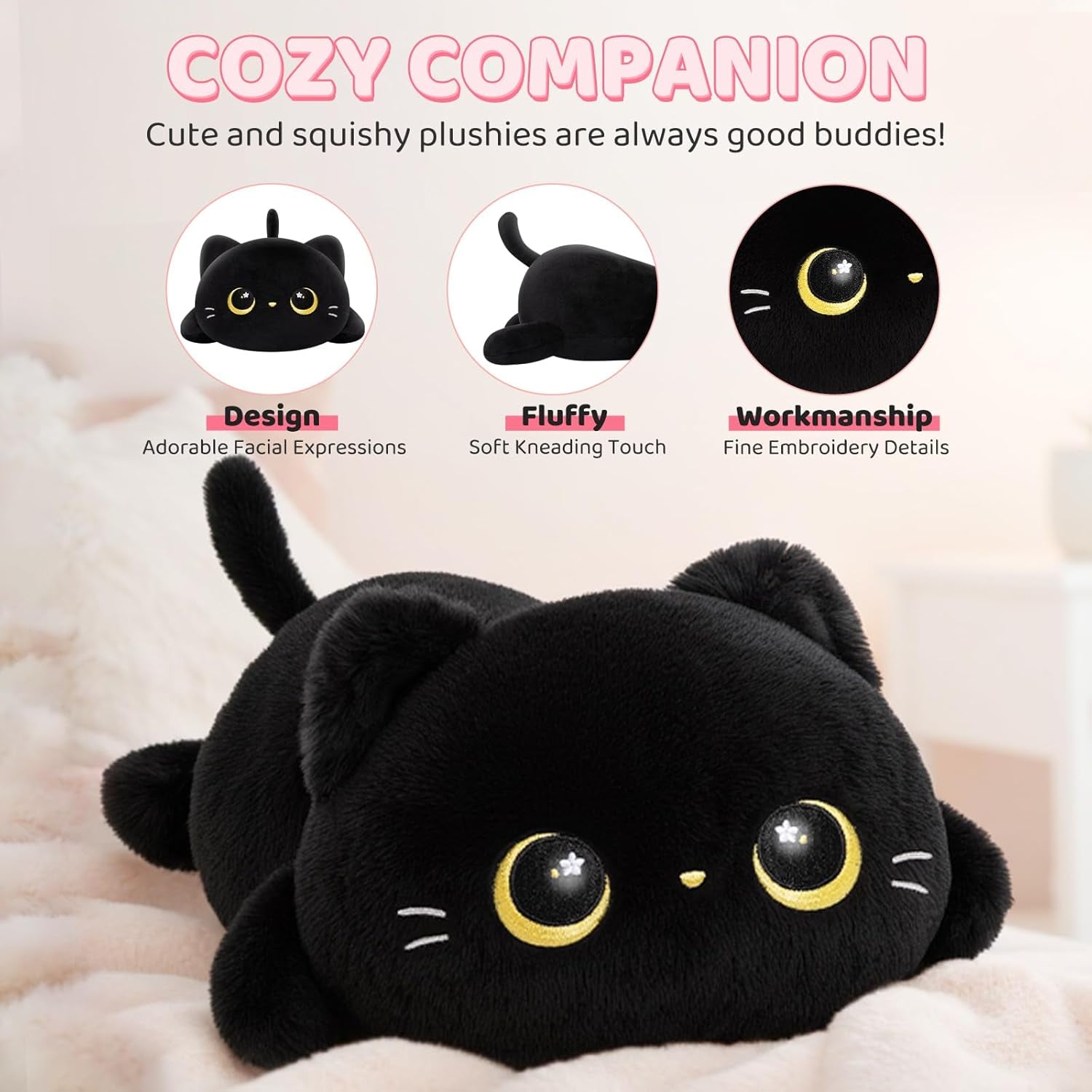 Peluche Chat Mignonne 13 Pouces,Oreiller Kawaii En Forme De Chat Noir,Coussin Peluche Doux Pour Enfants, Jouet Anti-Stress Câlin,Idée Cadeau Originale