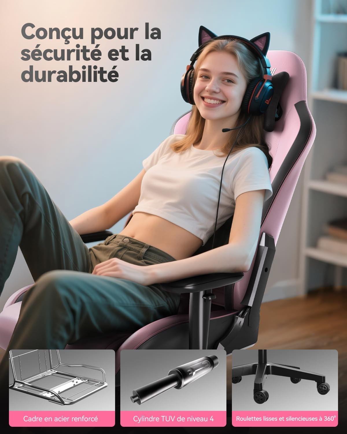 C3 Chaise Gaming Style Course, Avec Cuir PU Haute Résistance & Nettoyage Facile | Siège Bureau Ergonomique À Dossier Réglable En Hauteur Avec Support Lombaire | Rose
