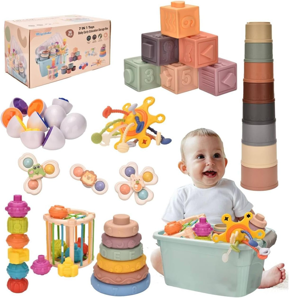 Jouets Bébés Pour 6 À 12 Mois, Jeux Montessoriii 1 An,Montessoriii Bebe Eveil 9-18 Mois,Jouet Sensoriel Bebe,Avec Bebe Cube D'Activité, Œufs À Associer, Jouet À Ventouse À Rotation,Nouveau
