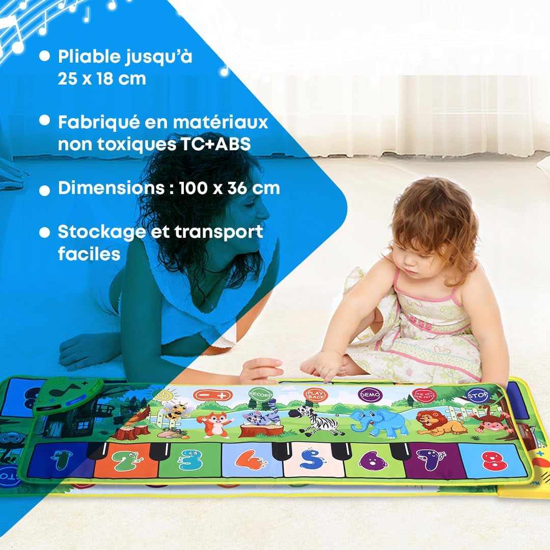 Piano Tapis Musical Bébé Avec 8 Sons D'Animaux LED - Cadeau Enfant 3 4 5 Ans, Jouer Montessori, Idee Jeux De Noël Et D'Anniversaire, Repliable, Fonction Record/Playback (110X36Cm)