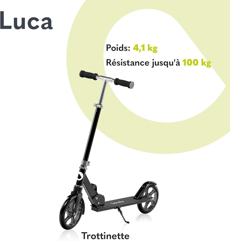 Luca Trotinette Enfant Et Adultes Jusqu'À 100 Kg, Construction Durable, Pliage, Rapide, Guidon Ajustable, Roues À 20 Cm, Amortisseur Shockresist Frein (Noir)