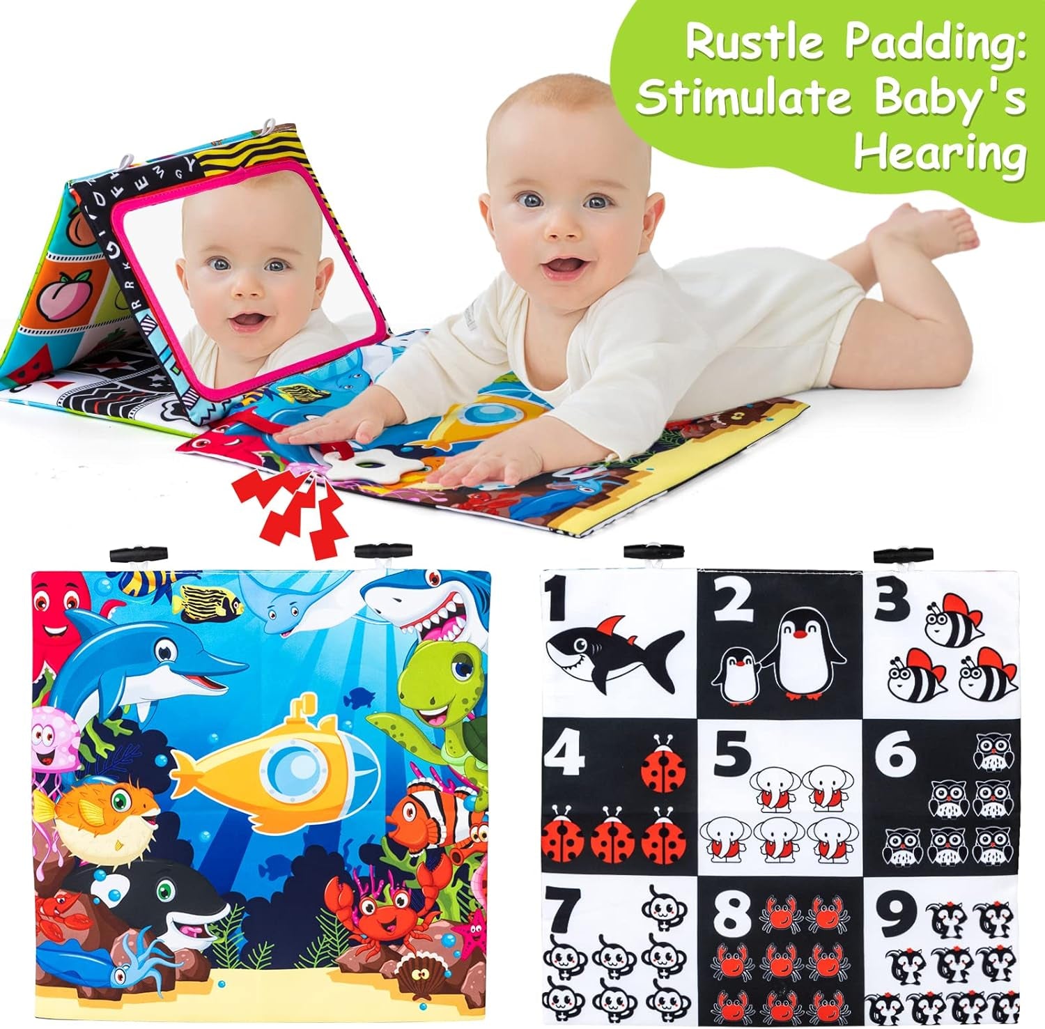 Auney Jouet Bebe 0 À 3 À 6 À 9 Mois, Miroir Jouets Sensoriels À Contraste Élevé Pour Bébés Avec Livre En Tissu Froissé Et Anneau, Jeux Montessori Bebe 0-6 Mois À 1 an À 18 Mois