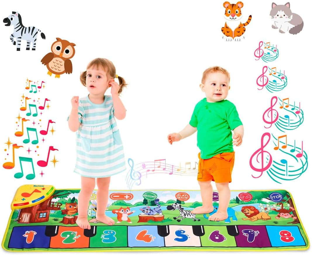 Piano Tapis Musical Bébé Avec 8 Sons D'Animaux LED - Cadeau Enfant 3 4 5 Ans, Jouer Montessori, Idee Jeux De Noël Et D'Anniversaire, Repliable, Fonction Record/Playback (110X36Cm)