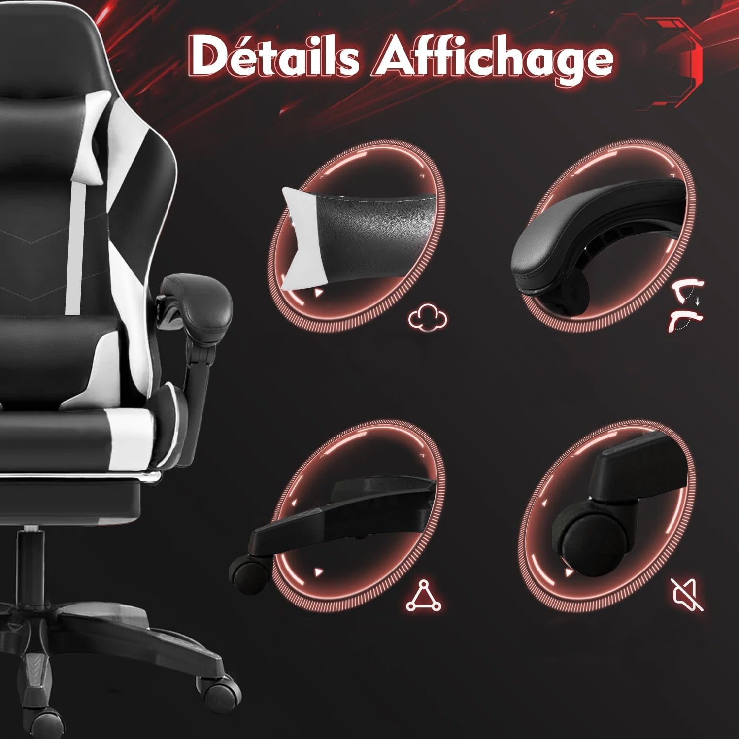 Chaise Gaming, Siège De Bureau Réglable, Fauteuil Gaming Avec Repose-Pieds Télescopique (Noir Et Blanc)