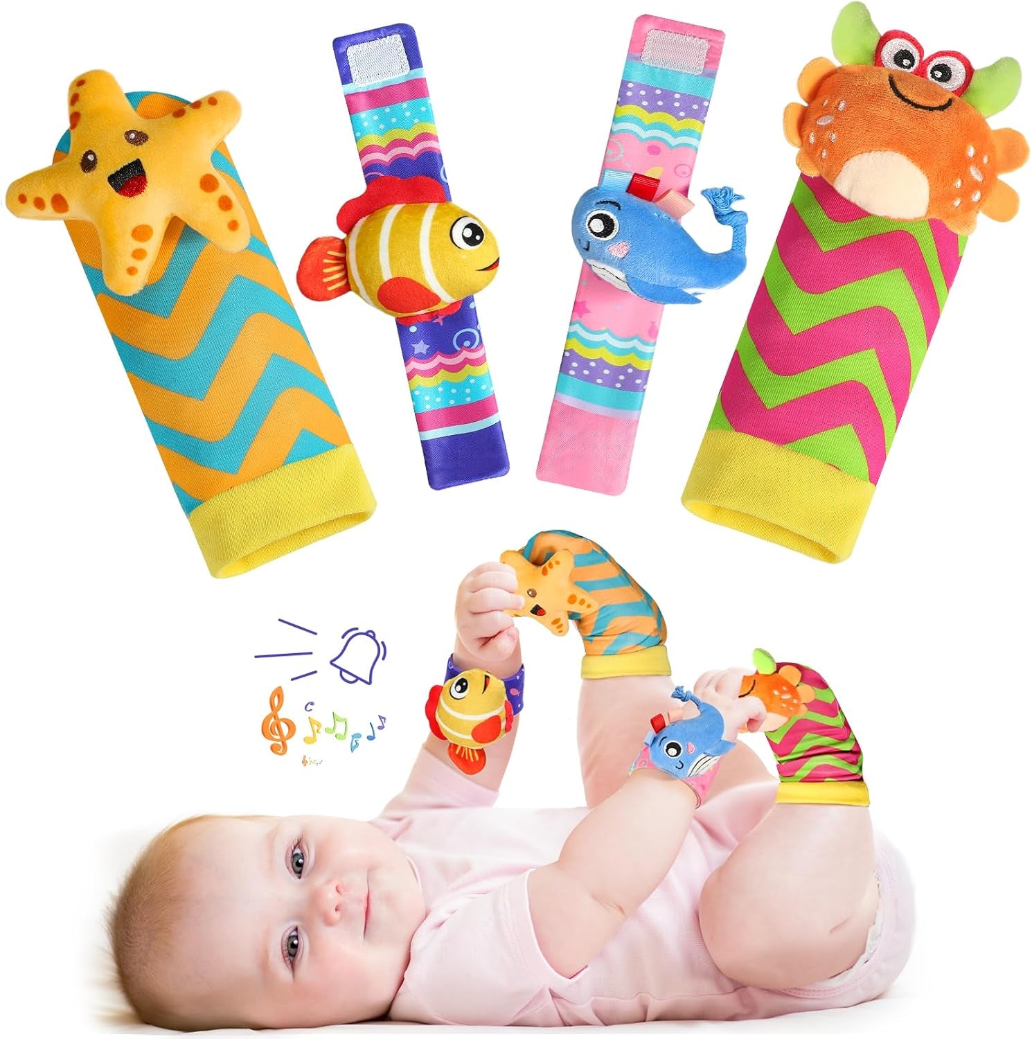 Hochet Bébé 0-3 Mois, 4 Pièces Poignets Et Chaussettes Jouet Et Jeux Éveil Montessori - Stimulation Sensorielle Et Motricité Fine - Cadeau Parfait Pour Bébés 0 3 6 9 Mois (Océan)