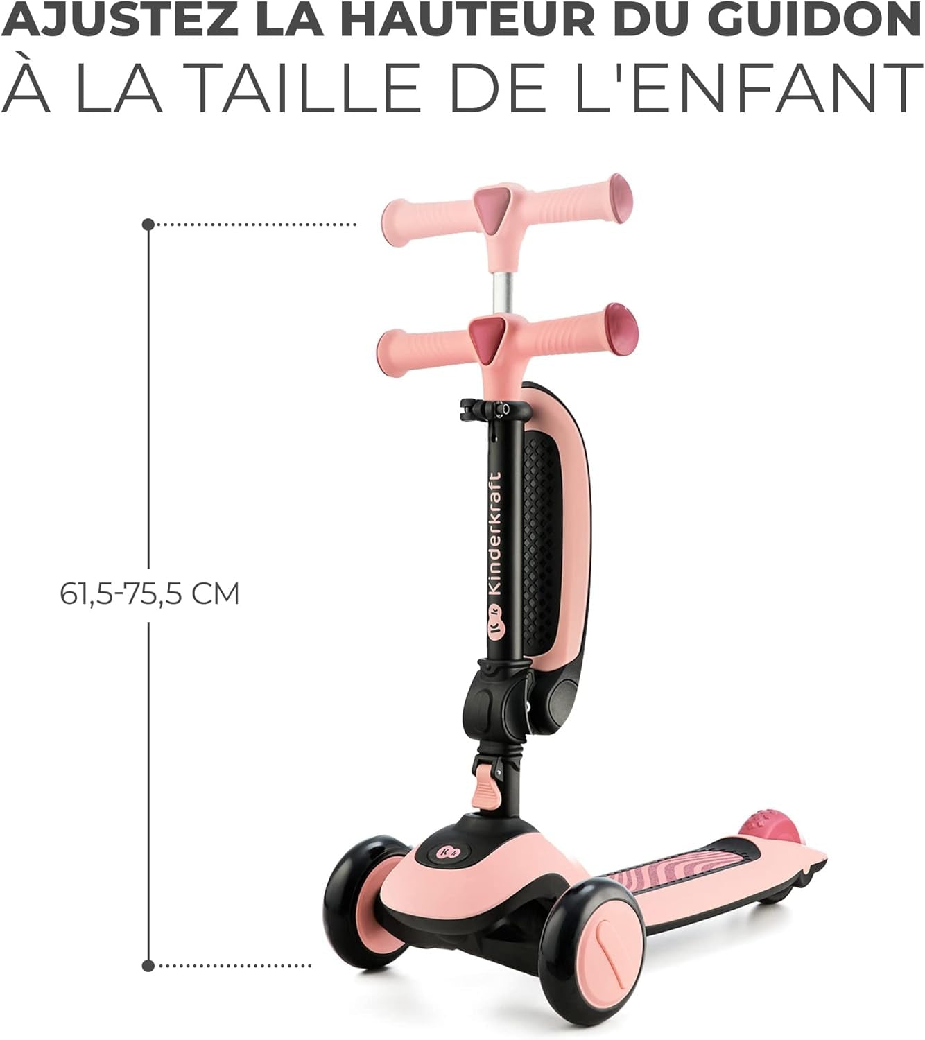 Kinderkraft Halley, Trottinette, Draisienne, Patinette, Scooter, Multifonctionnel, Moderne, Trois Roues, Réglable, LED Roues, Frein, 2 Ans Jusqu'À 50 Kg, Rose