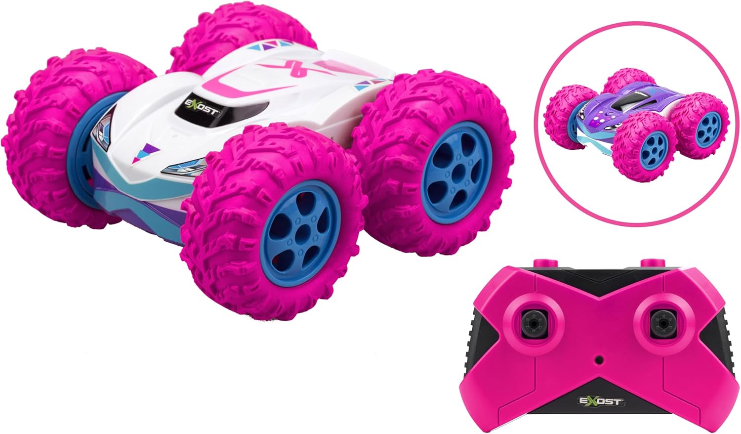 Exost-360 Exost Voiture Télécommandée Tout-Terrain- Cross Emballage Ecologique, Facile À Déballer-Conduite Sur 2 Faces Et Rotation À 360° -Jouet Pour Enfant 5,6,7,8,9,10 Ans, 20260, Rose Et Blanche