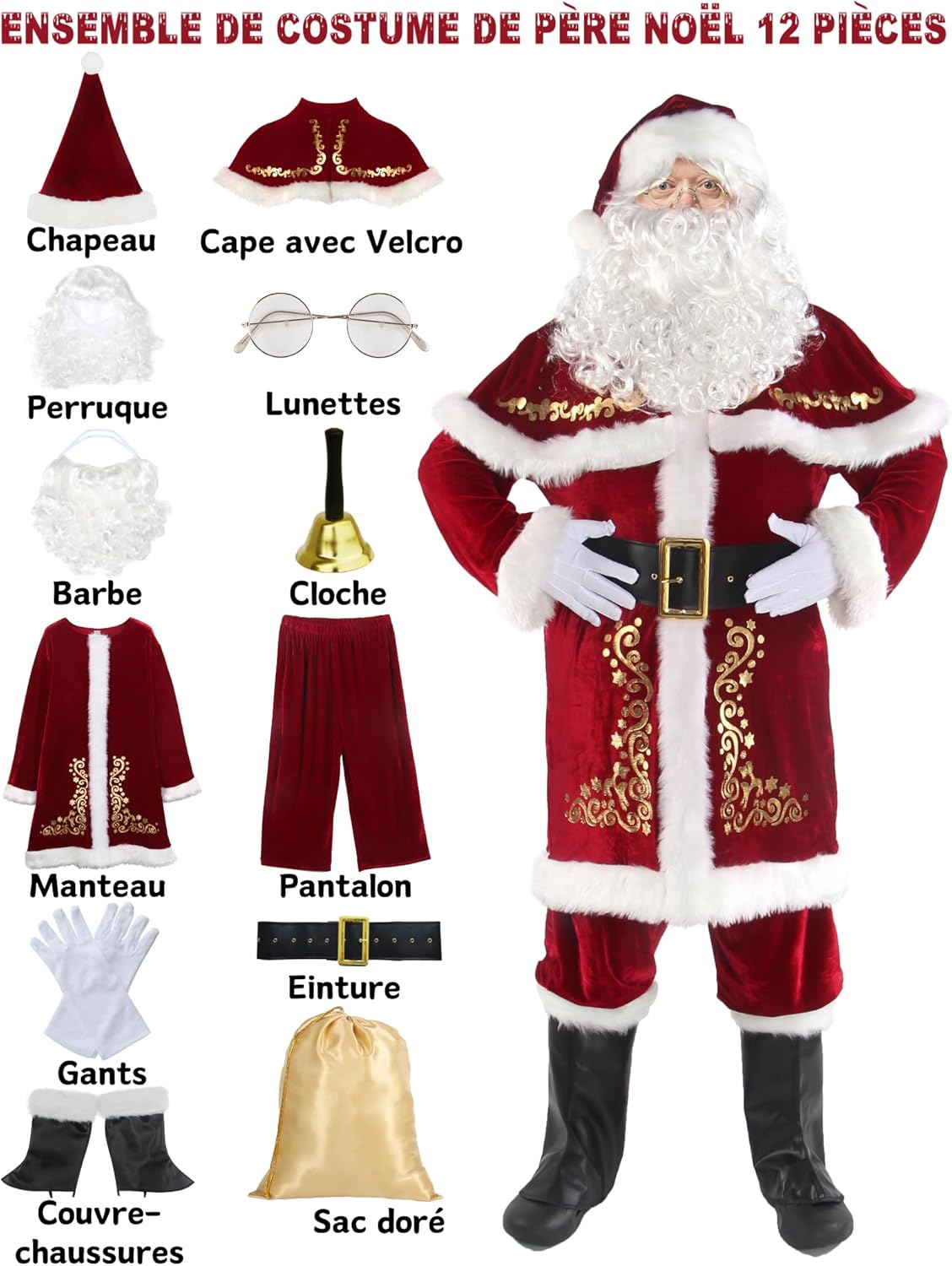 Costume De Père Noël Pour Hommes 12Pcs Complet De Déguisement De Noël Pour Adulte Rouge Velours De Luxe Vêtement De Pères