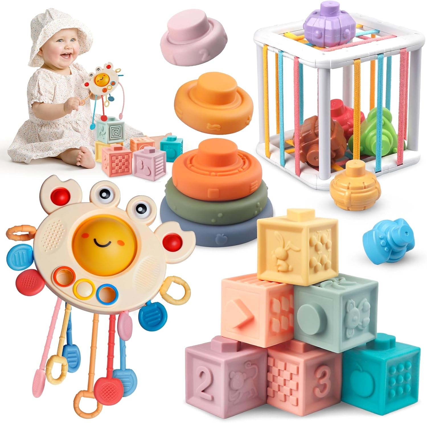 Jouet Montessori Bebe 4 En 1 - Corde À Tirer Jouets Sensoriels, Cube Souples a Empiler, Bébé Anneaux À Empiler, Cube Montessori Bebe - Jouets D'Éducation Précoce, Cadeaux Pour Bébés