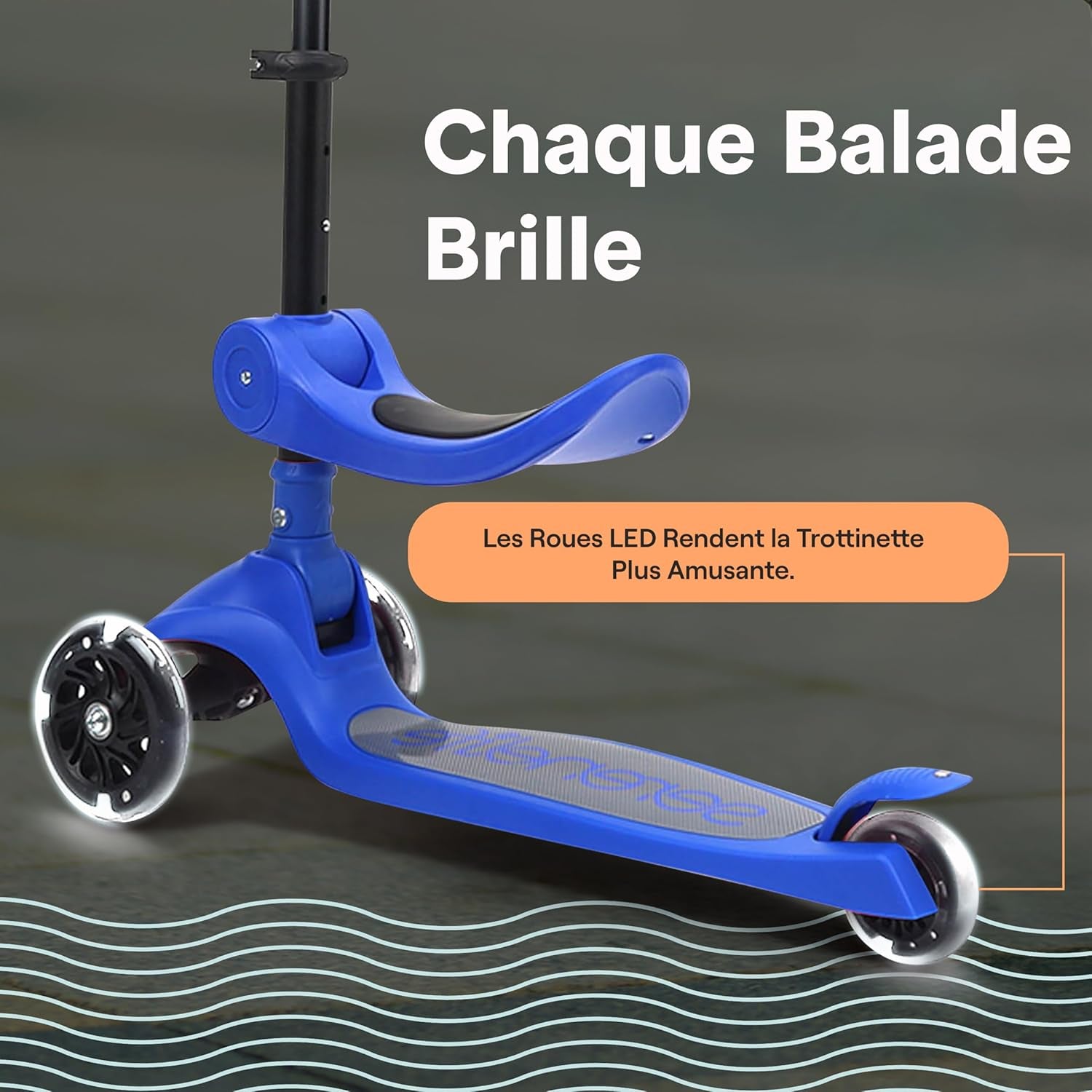 Trottinette Enfant - Trottinette 3 Roues - Patinette Enfant Pliable Avec Hauteur Ajustable - Siège Pliable - Roues LED Lumineuses - Guidon Réglable - Plateau Antidérapant - Scooter Enfant