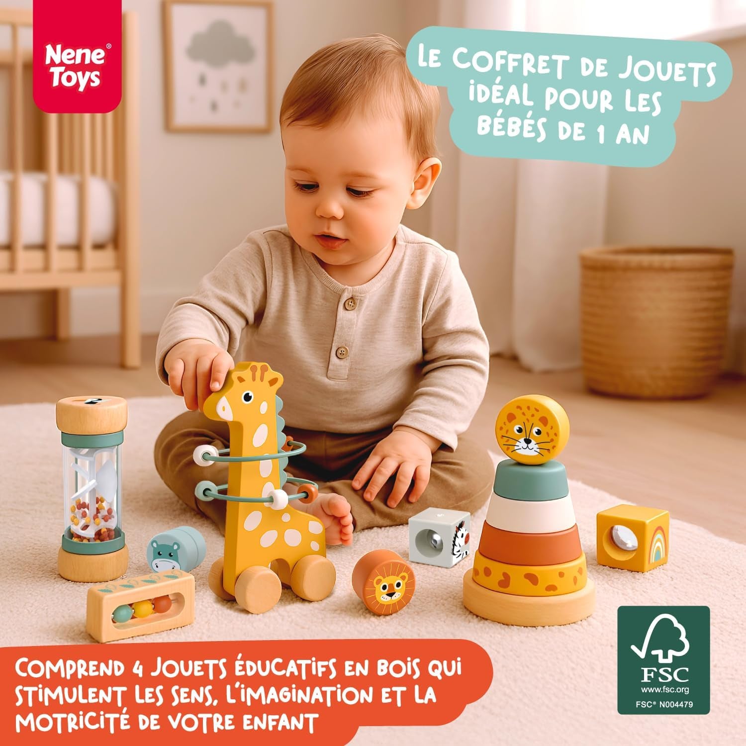 Jouet Bébé 1 an – Jouet Montessori En Bois 4-En-1 Avec Blocs Sensoriels, Pluie Musicale, Labyrinthe Girafe & Anneaux À Empiler – Jeu Sensoriel Cadeau Éducatif Pour Fille & Garçon 12 Mois+