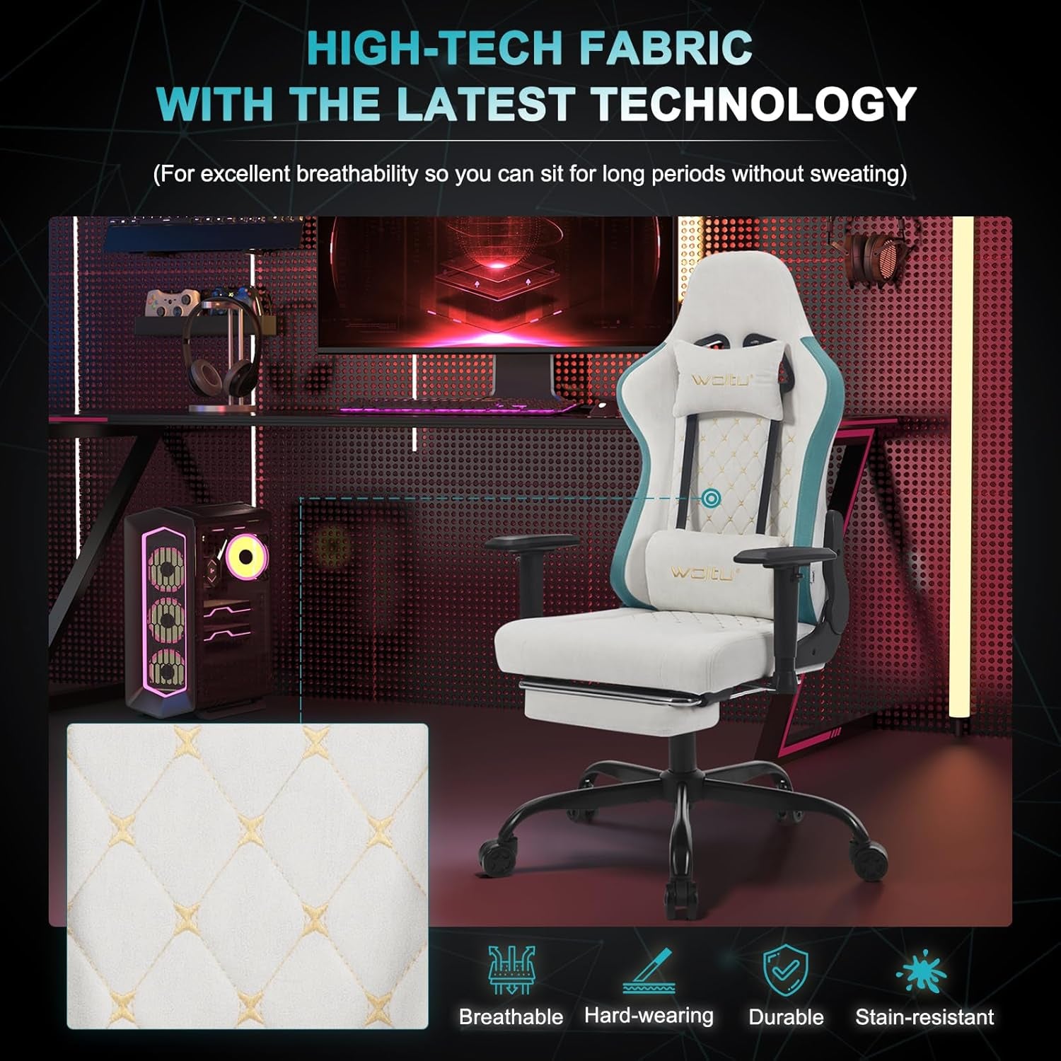 Chaise Gaming, Chaise Bureau Massante, Fauteuil Ergonomique Avec Coussin Lombaire Massant, Siège Large À Ressorts, Appui-Tête, Repose-Pieds, Tissu Technique, Charge 150Kg, Blanc