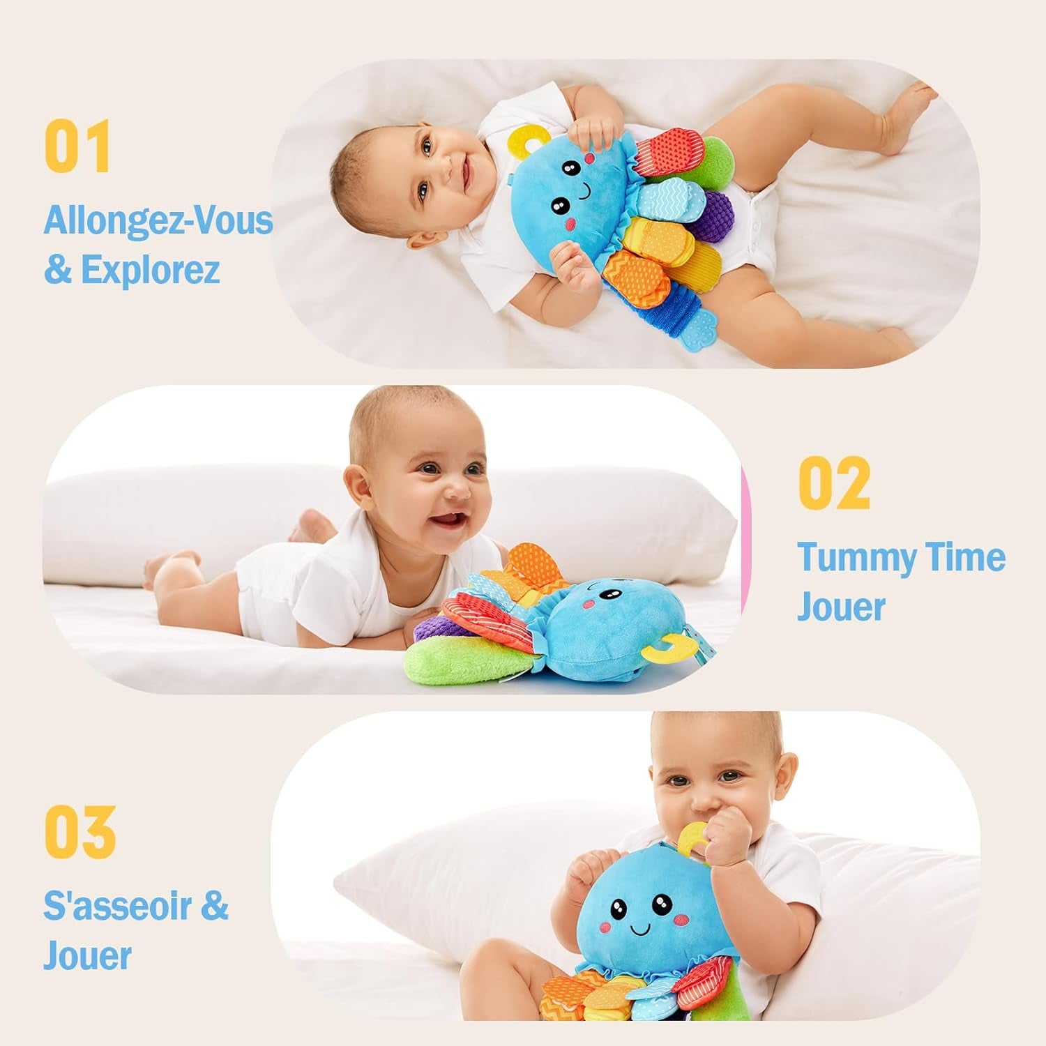 Jouet Bebe 0-3 6 Mois, Pieuvre Jouet Sensoriel Bebe Avec Anneau Dentition Bebe, Miroir, Pouet Couineur, Tummy Time Jeux D Eveil Bebe 0-6 Mois, Cadeau Naissance Fille Garcon