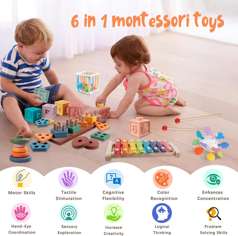 6 En 1 Jouets Bebe, Jeu Eveil Bebe Montessori | Cube Activite | Xylophone | Jouet En Bois | Jeux Cadeau Pour Bébé Fille Garçon
