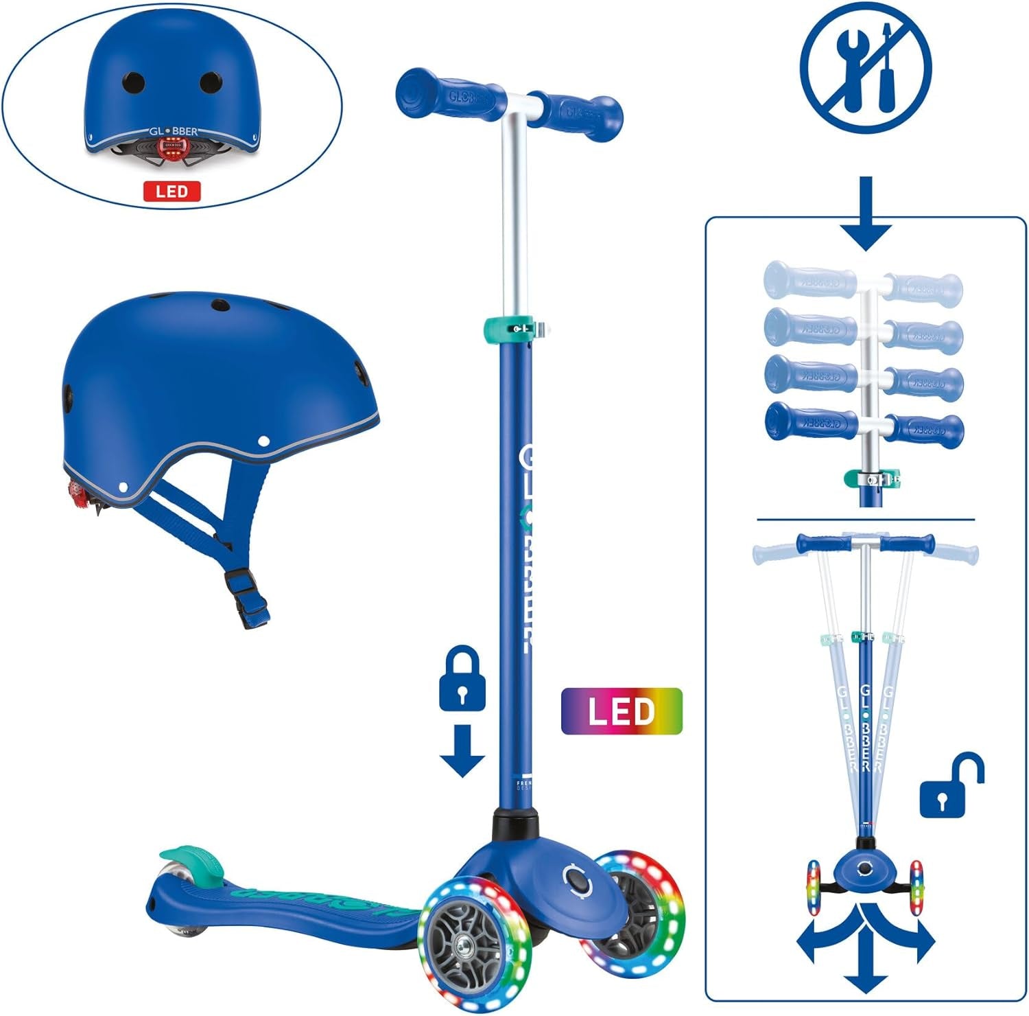 Primo plus Lights - Trottinette Et Casque Pour Enfant - 120/80 Mm - 3 Roues - Hauteur Réglable - Roues LED