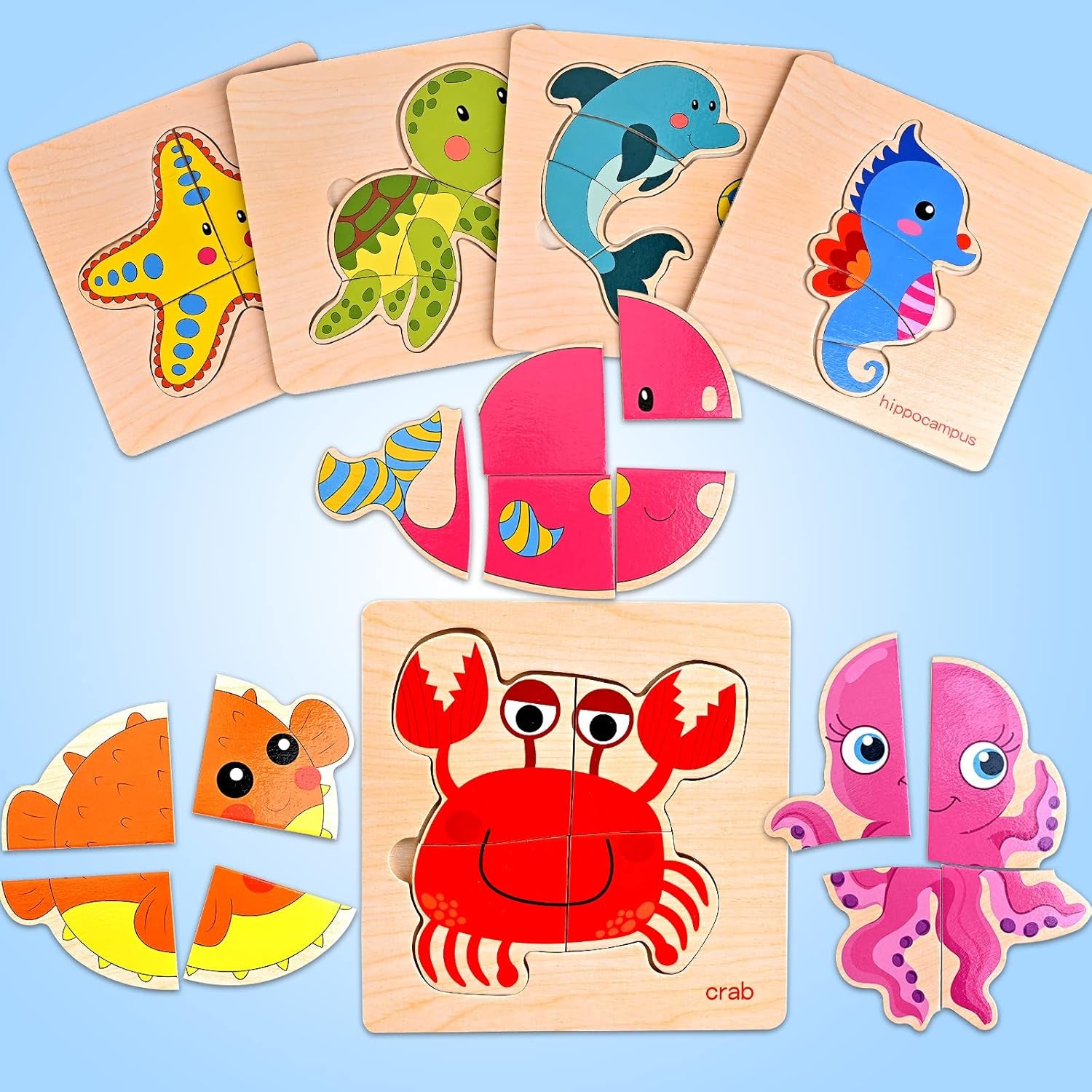 8 Puzzles En Bois Enfant, Jeux Bébé, Jouet Montessori Pour Garçons Filles, Cadeau Anniversaire Halloween Noël, Cube Animaux Marins, Éducatifs 1 2 3 Ans