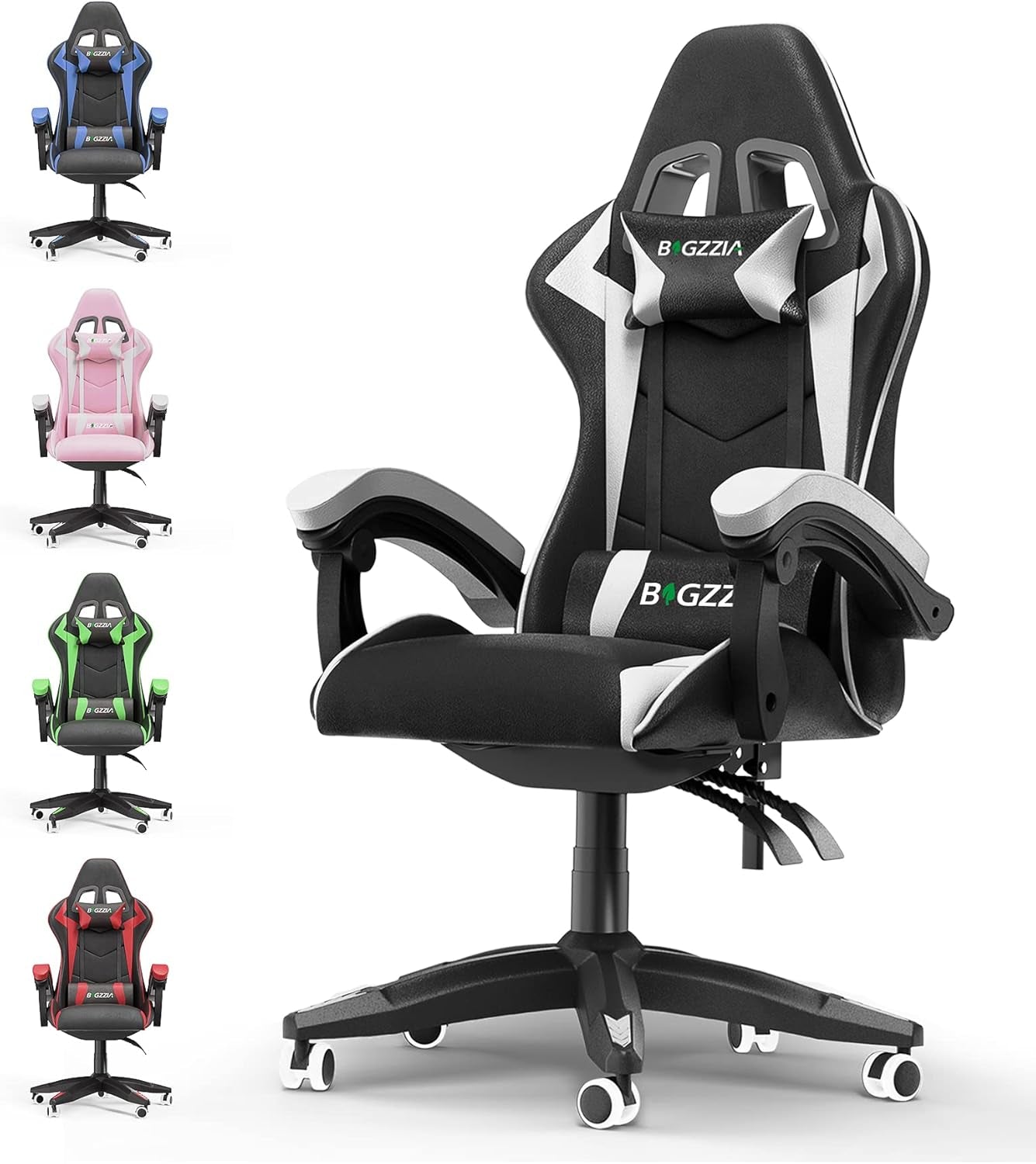 Chaise Gaming,Ergonomique PU Cuir Chaise Bureau,Hauteur Réglable,Avec Lombaire&Appui-Tête Appui,Dossier Inclinable À 155°,Fauteuil Gaming Adultes Enfants (Blanc)