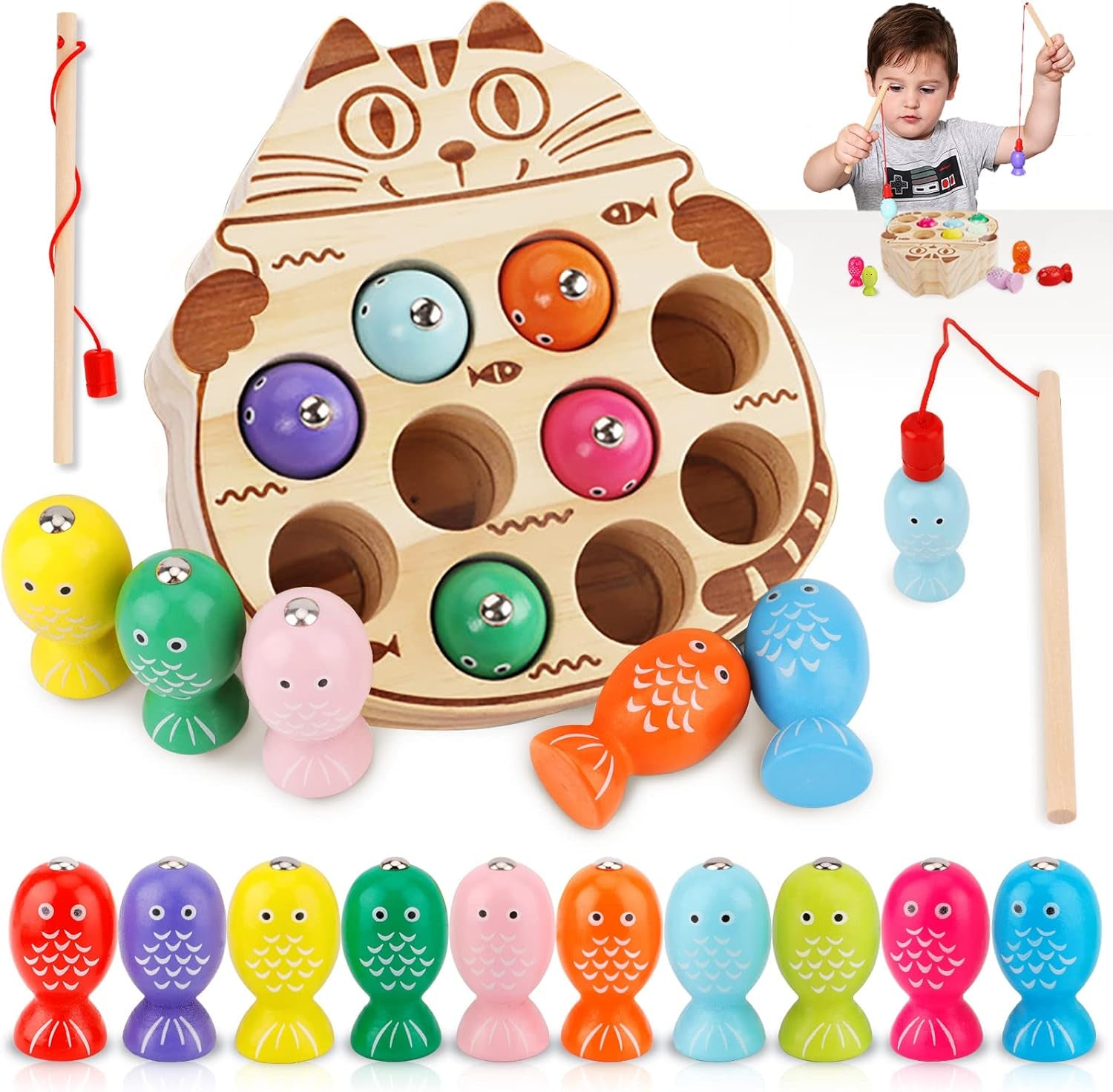 Jeux Montessori, Activite Enfant 2 Ans, Jouet En Bois Jeu De Pêche Magnetique, Cadeau Fille/Garcon 2 Ans, Bebe 1 An, Jeux Educatif Pour 2 3 4 5 Ans