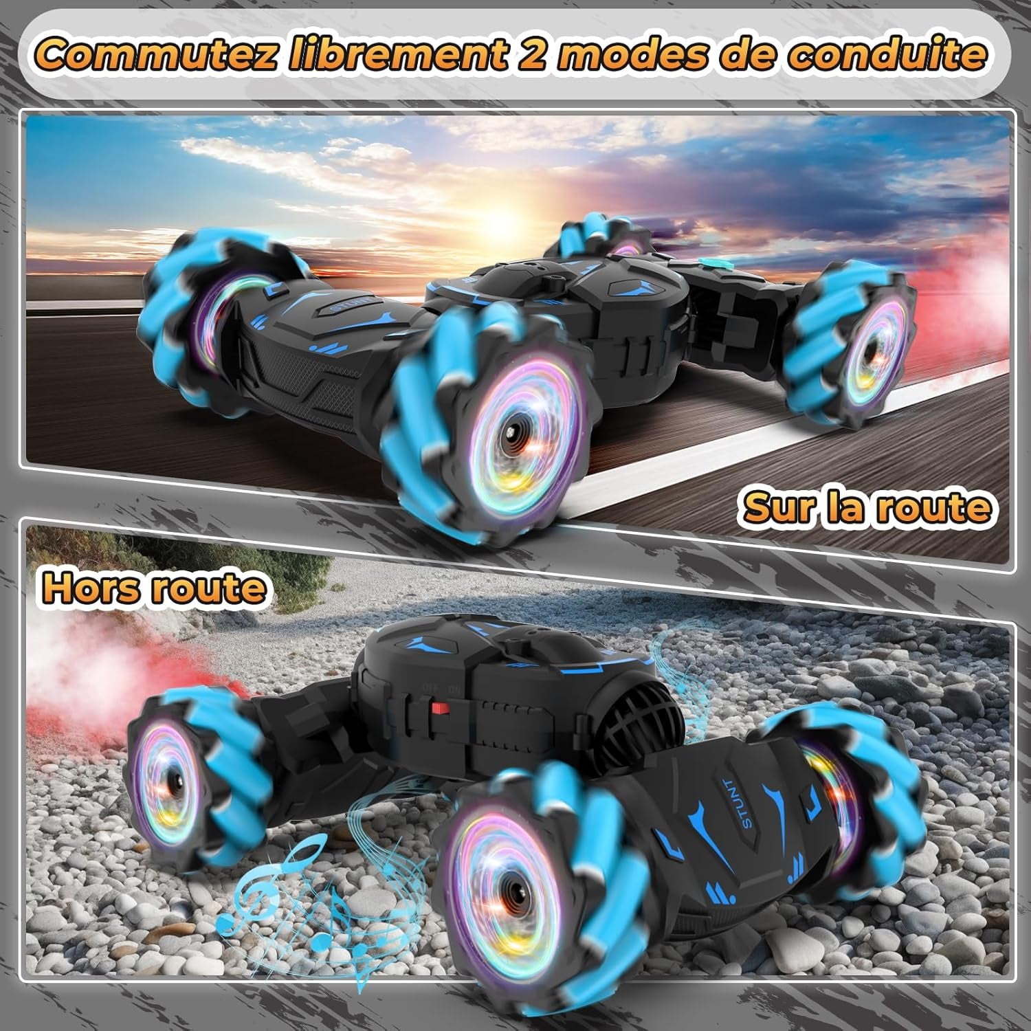 Voiture Télécommandée Tout Terrain Avec La Main, Avec Lumière Et Spray, Jouet RC Car Drift 4WD 2,4 Ghz Rotation À 360° Cadeau Voiture Telecommandé Enfant Filles Garçons Enfants De 6 8 9 10 Ans