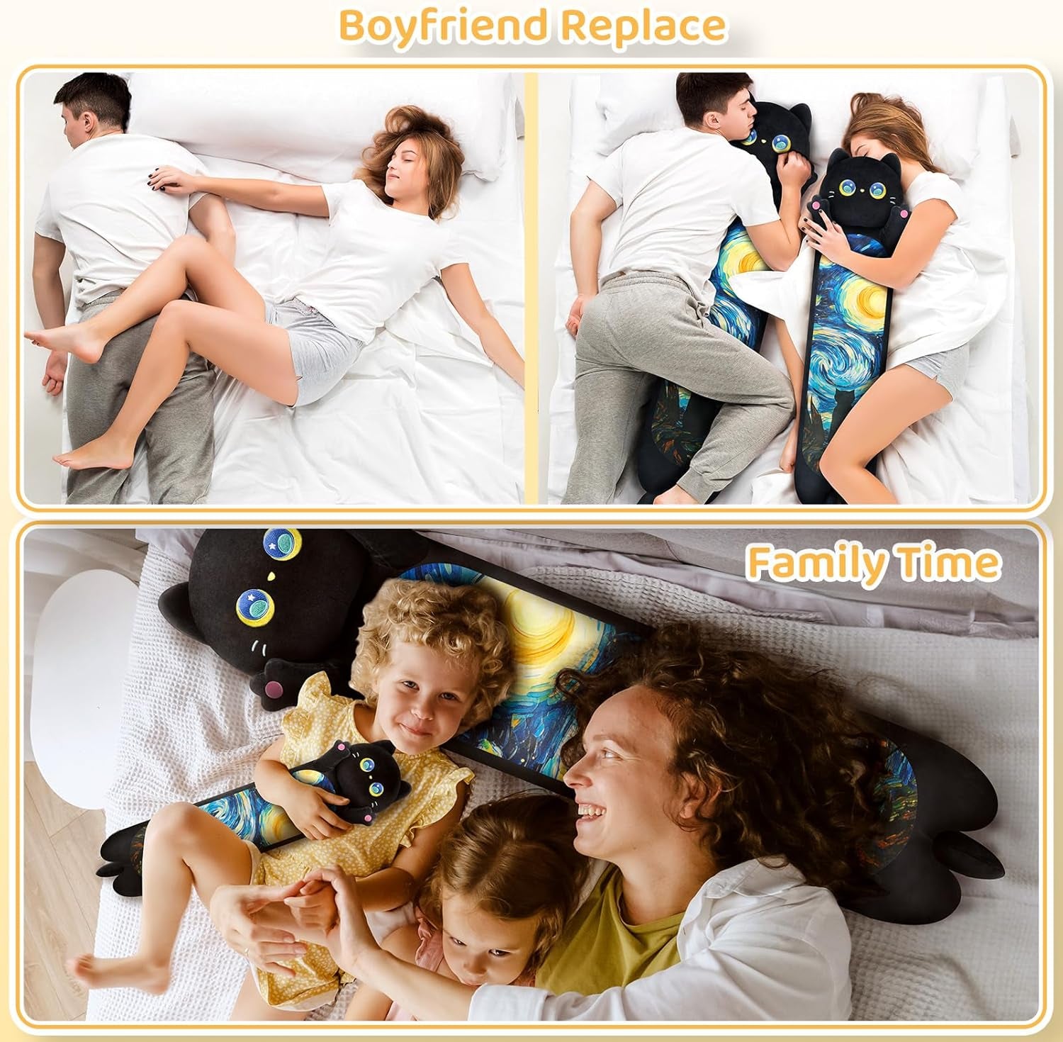 50CM Kawaii Chat Peluche Coussin Long Chat Noir Jouet Moelleux Et Confortable Oreiller Chat En Peluche Pour Les Enfants De 3 Ans Et Plus