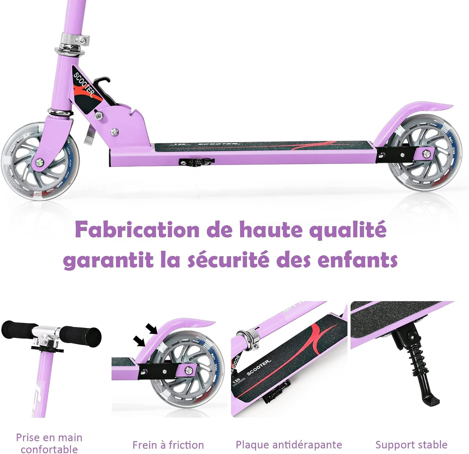 Trottinette Enfant 2 Roues Patinette Enfant Pliable Scooter Enfant Kick Avec LED Lumière Hauteur Réglable