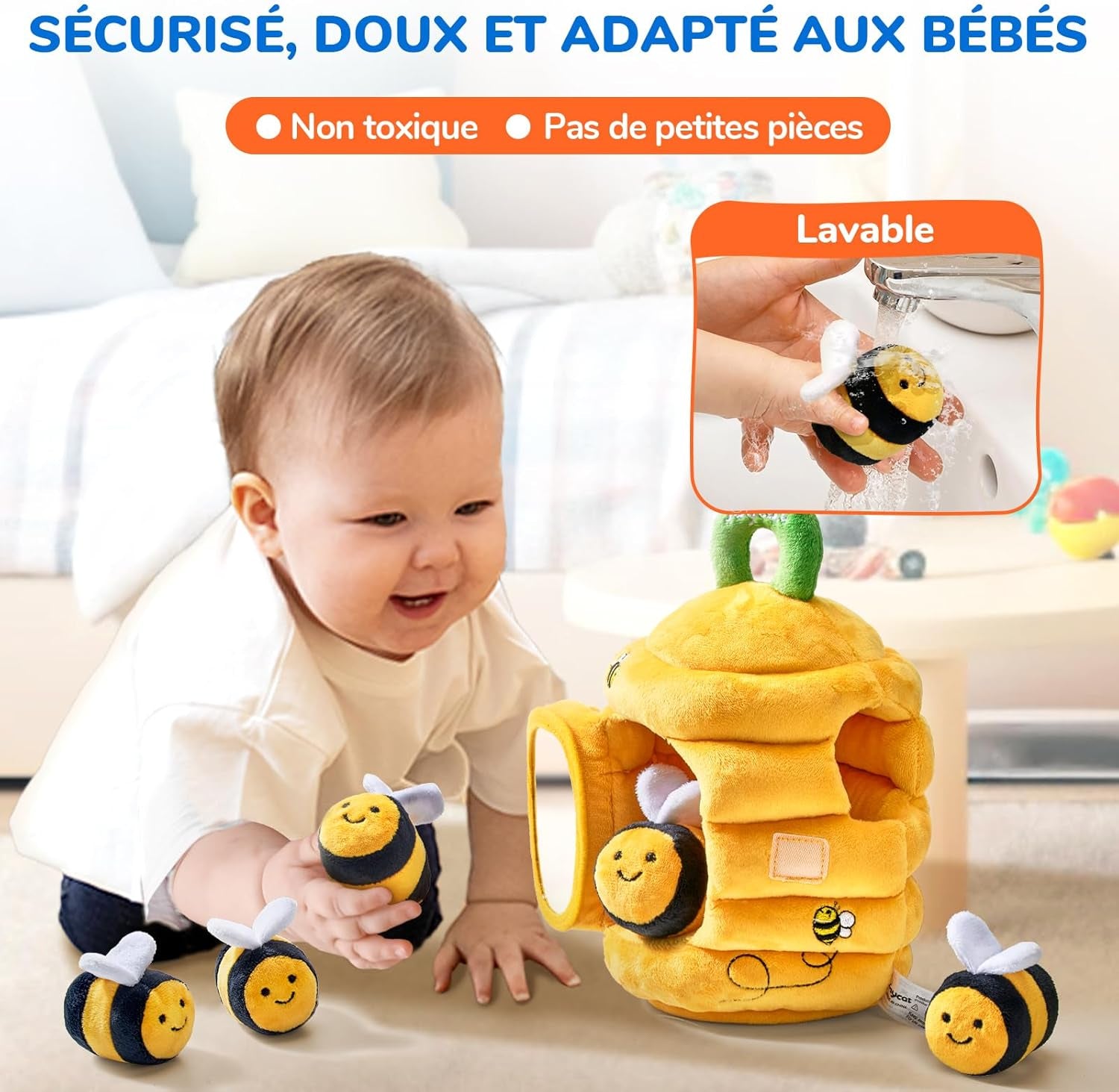 Jouet Bebe 6 Mois, Ruche En Peluche Avec 5 Abeilles, Jeux Montessori Avec Hochets, Miroirs Jouet Sensoriel Bébé, Cadeau Bebe Enfant 3 6 9 Mois Garçon Fille