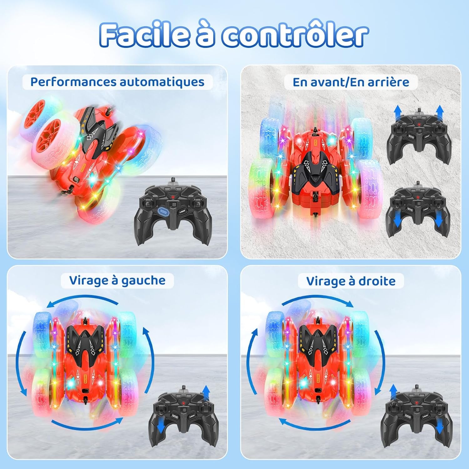 Voiture Télécommandée, Voiture Cascadeuse Avec Bande Lumineuse Latérale Et Phares, 2.4Ghz, Rotations À 360°, Voiture RC Rechargeable Jouet Pour Garçons Filles Cadeau D'Anniversaire, Rouge