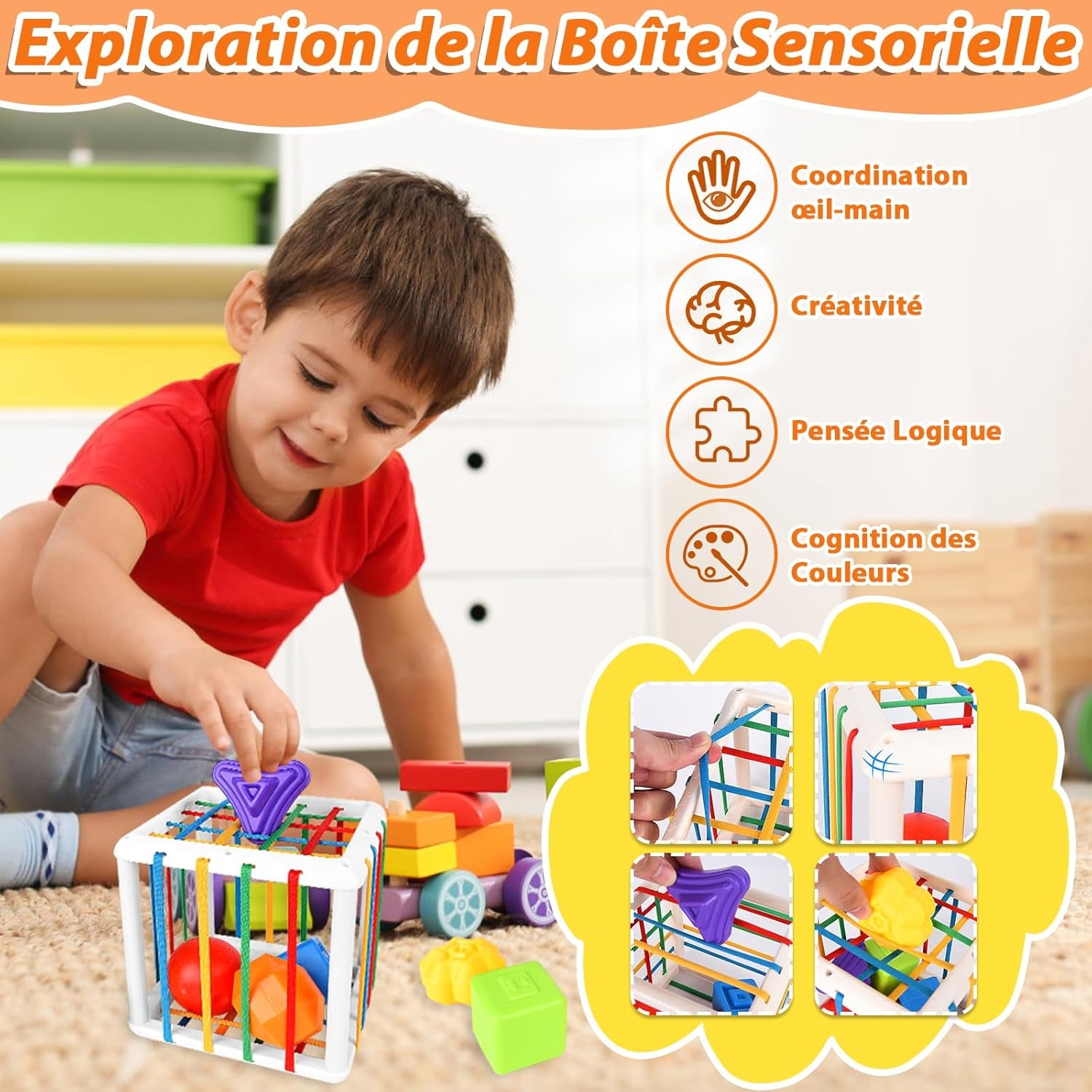 Herenear 6 En 1 Jeux Montessori Bébé Eveil, Jouets Sensoriels, Trieur De Formes, Jouets En Blocs, Boite Mouchoir Bebe, Jouets À Empiler, Jeux Montessori Pour Bebe 6 9 12 Mois 1 2 3 Ans