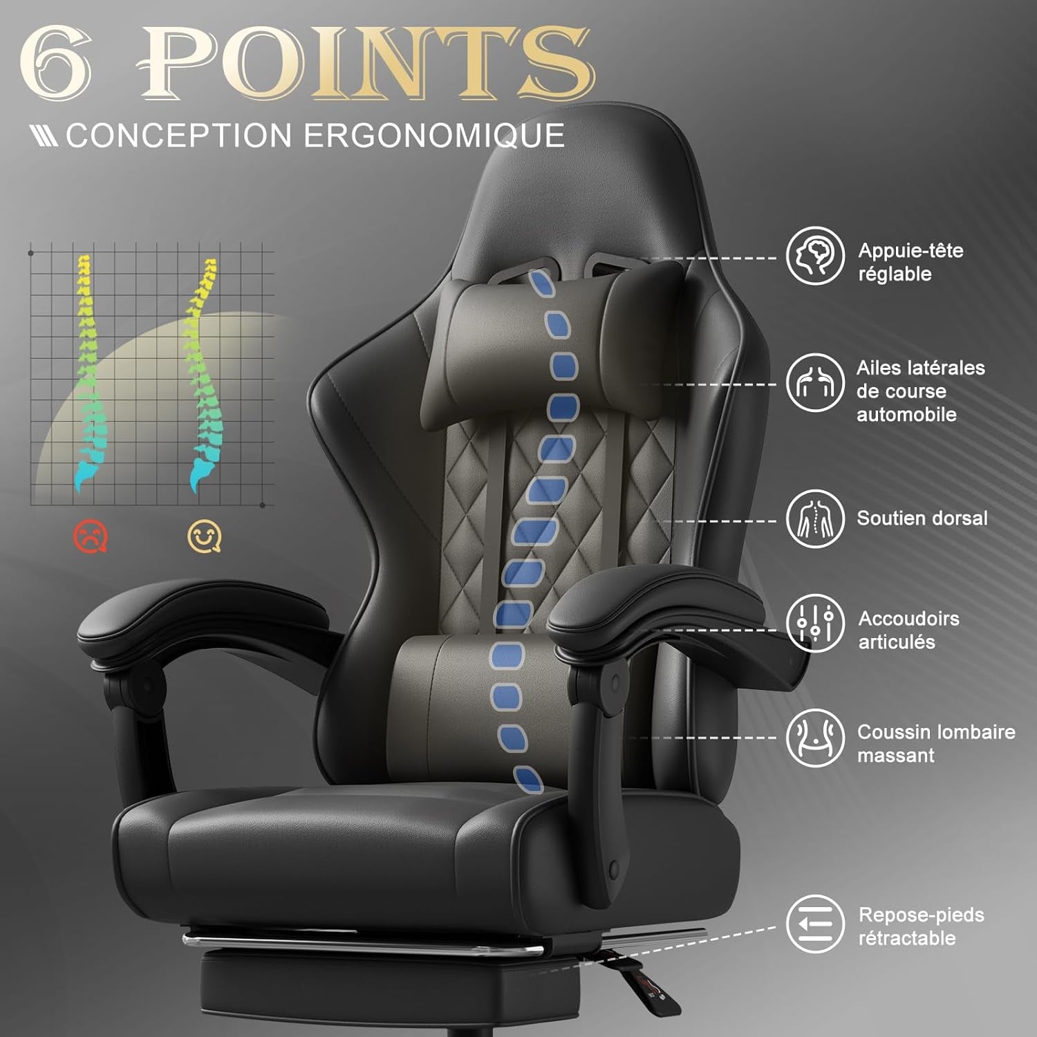 Chaise De Jeu Ergonomique Avec Massage Lombaire, Fauteuil Gaming, Repose-Pieds Rétractable, Dossier Réglable, Confort Quotidien, Gaming Et Bureau, Noir