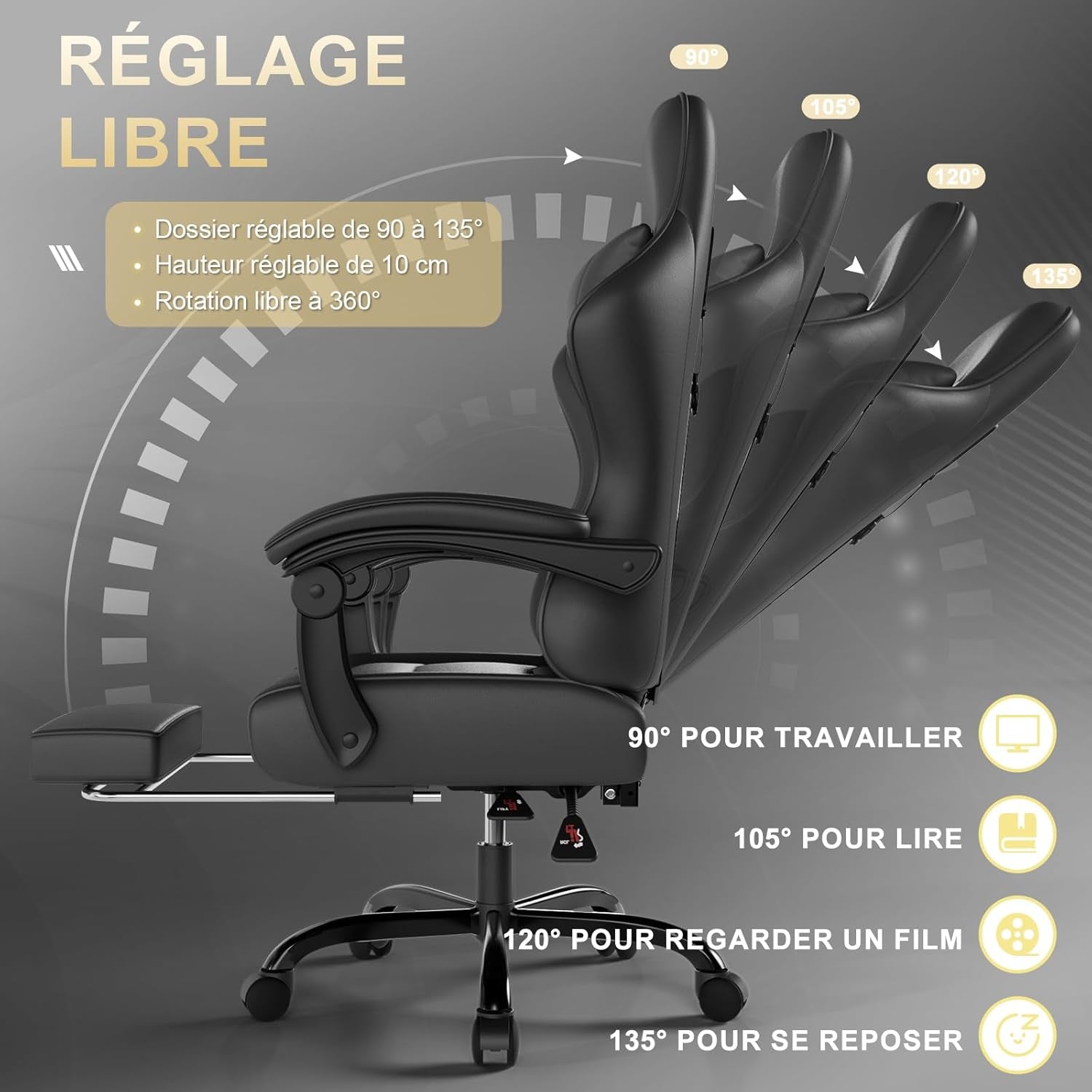 Chaise De Jeu Ergonomique Avec Massage Lombaire, Fauteuil Gaming, Repose-Pieds Rétractable, Dossier Réglable, Confort Quotidien, Gaming Et Bureau, Noir
