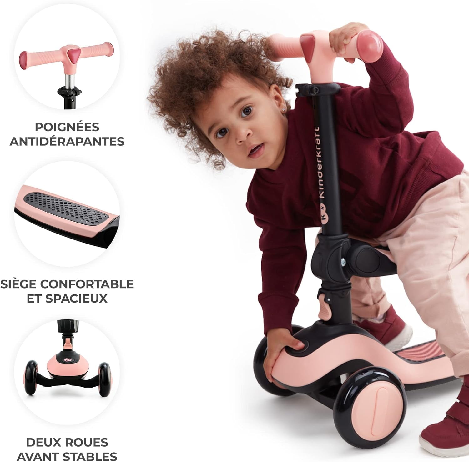 Kinderkraft Halley, Trottinette, Draisienne, Patinette, Scooter, Multifonctionnel, Moderne, Trois Roues, Réglable, LED Roues, Frein, 2 Ans Jusqu'À 50 Kg, Rose