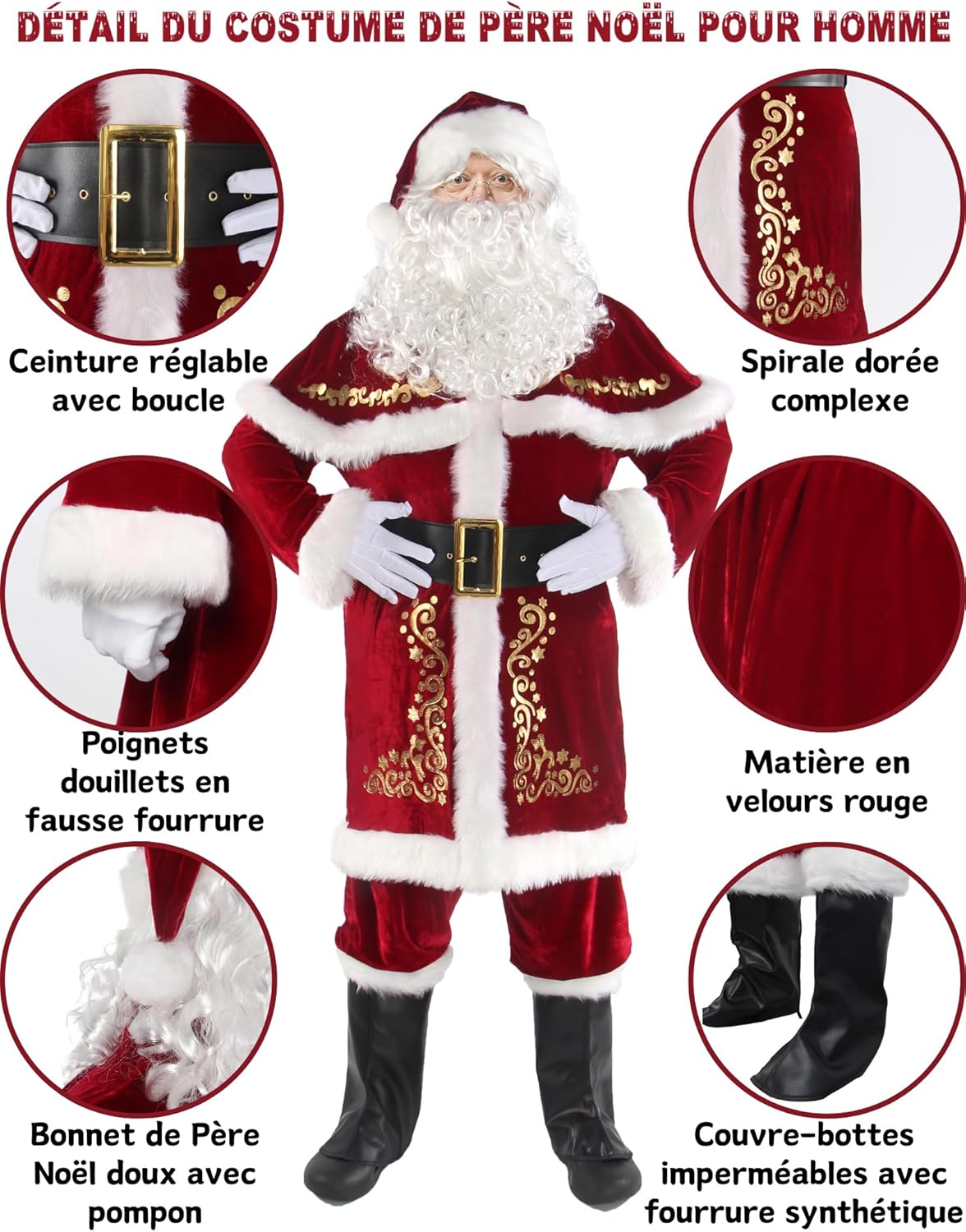 Costume De Père Noël Pour Hommes 12Pcs Complet De Déguisement De Noël Pour Adulte Rouge Velours De Luxe Vêtement De Pères