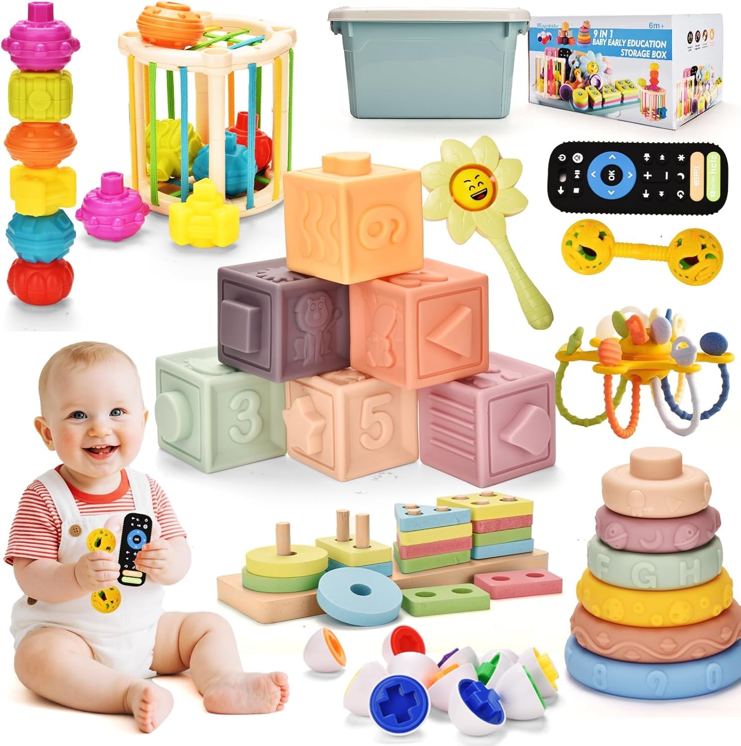 Jouets Bébés Pour 6 À 12 Mois,9 En 1 Montessori Jeux Bébé Eveil,Sensoriels,Trieur De Formes, En Blocs,À Empiler, Jouet Bebe 1 2 3 Ans Jeux Cadeau Pour Nouveau-Né