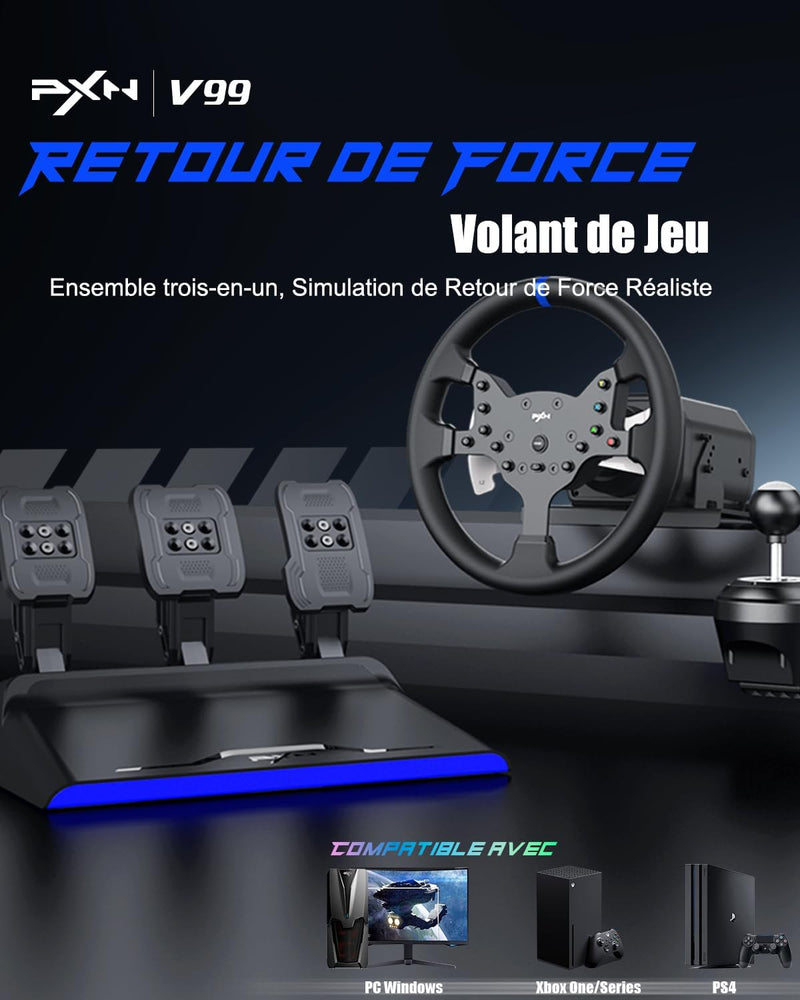 V99 Volant De Jeu – Retour De Force 3,2 Nm, 270°&900°, 300Mm, 4 Palettes, 3 Pédales, Levier De Vitesses En H, Application De Réglage – Volant Pour PC, Xbox, PS4
