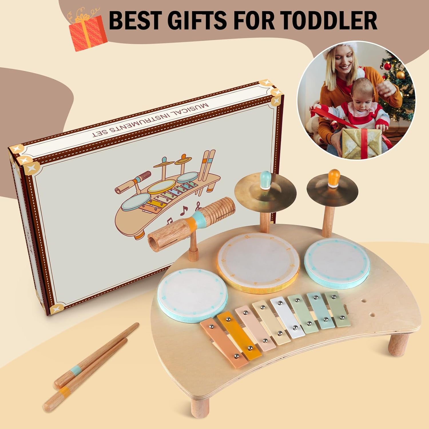Jeux De Tambours Pour Tout-Petits Pour Garçons Et Filles De 1 An, Tambour Bébé Avec Xylophone Pour Tout-Petits De 1 À 3 Ans, Instruments De Musique, Jouets Montessori En Bois Pour Enfants, Cadeaux De