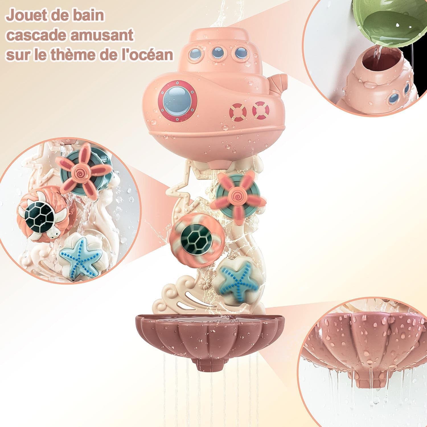 Jouets De Bain Pour Bebe, Jouet Bain Bebe 1 An, Jeux De Bain Bébé Enfant 1 2 3 Ans, Jouets D'Éveil Cadeau Bebe 1 an Pour Garçons Et Filles Avec Mignons Engrenages Et Tasses D'Animaux Marins