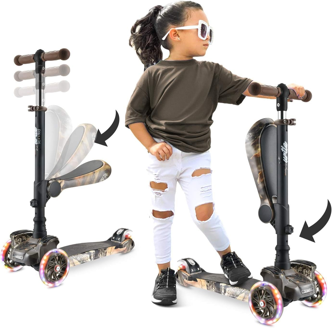 Trottinette Enfant, Trottinette 3 Roues, Patinette Enfant Pliable Avec Hauteur Ajustable, Plateau Antidérapant, LED Roues Lumineuses, Scooter Pour Fille/Garçon De 2 À 8 Ans