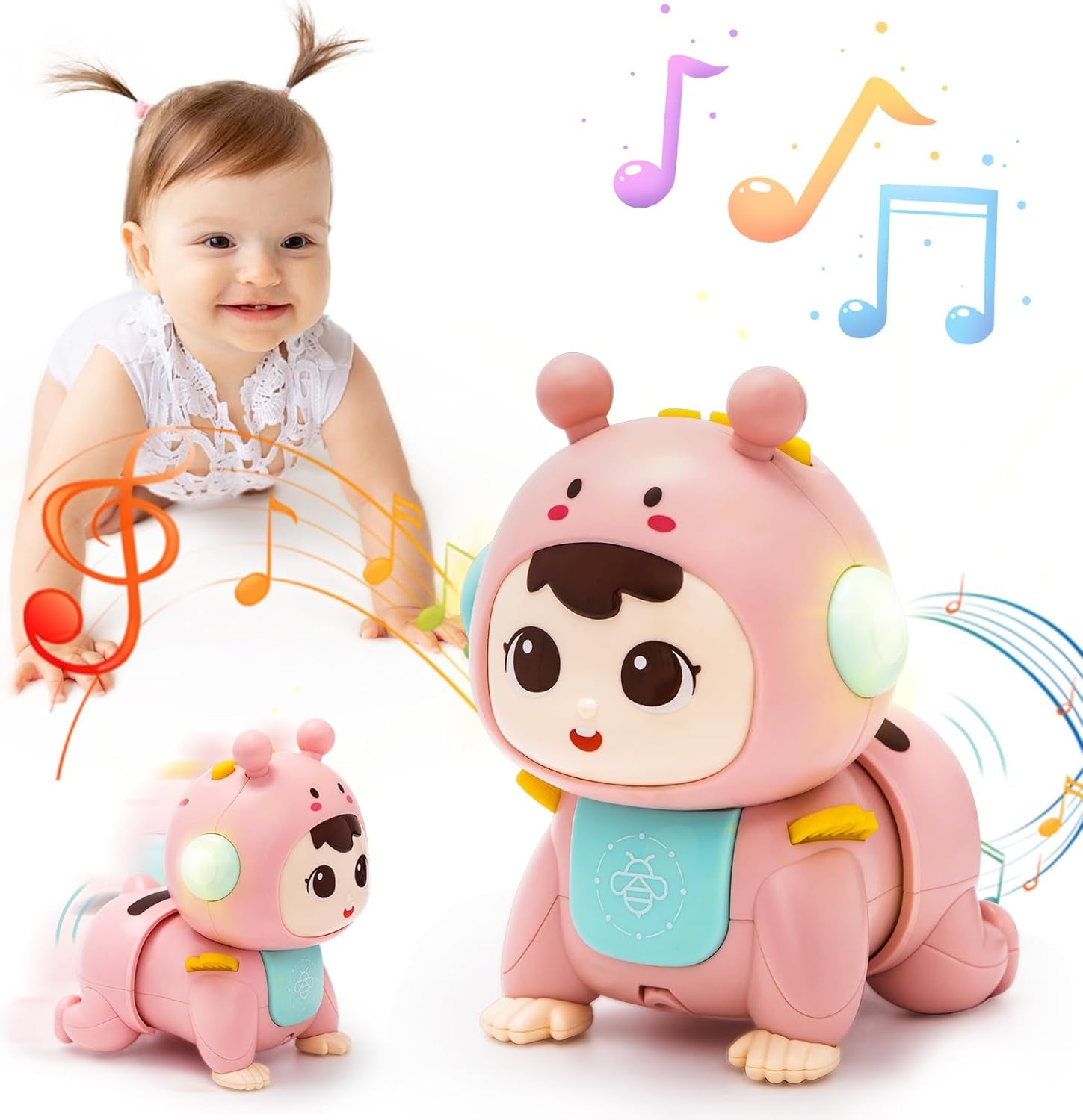 Jouet Bébé 3 6 9 Mois, Jouet Bébé Rampant Avec Musique Et Lumière Jouets Musicaux Sensoriel Eveil Pour Tummy Time Naissance Cadeau Bebe Rose