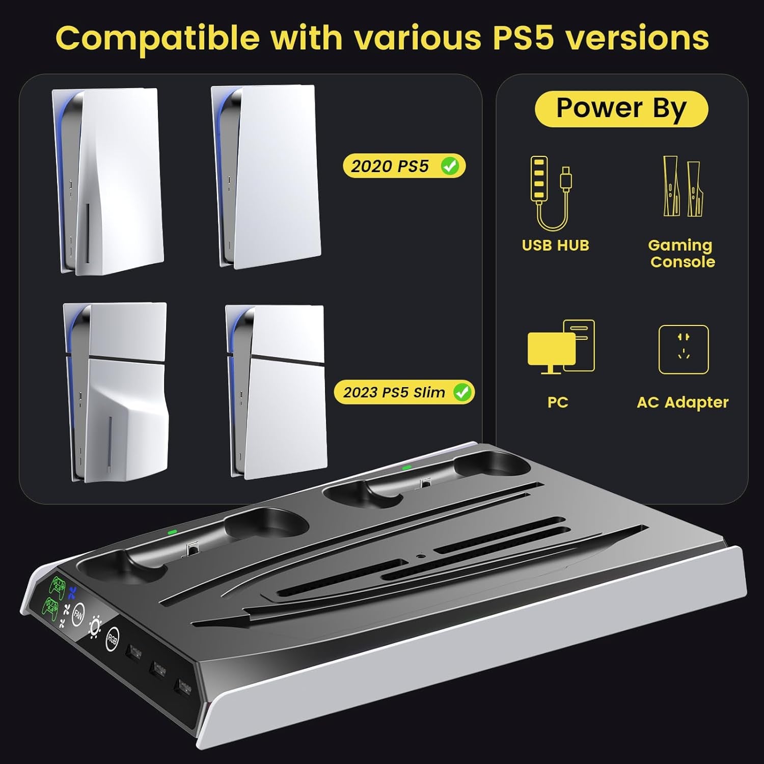 Support Ps5/Slim/Pro Avec Ventilateur De Refroidissement Réglable, Support De Chargeur De Refroidissement Vertical PS5 Pour Ps5/Slim/Pro, Station De Refroidissement Façades, Protections