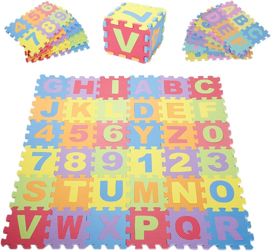 Tapis De Jeu Puzzle En Mousse Avec 26 Lettres Et 10 Chiffres, 36 Pièces, Tapis D'Apprentissage De L'Alphabet Pour Bébés Et Tout-Petits, 15 X 15 Cm