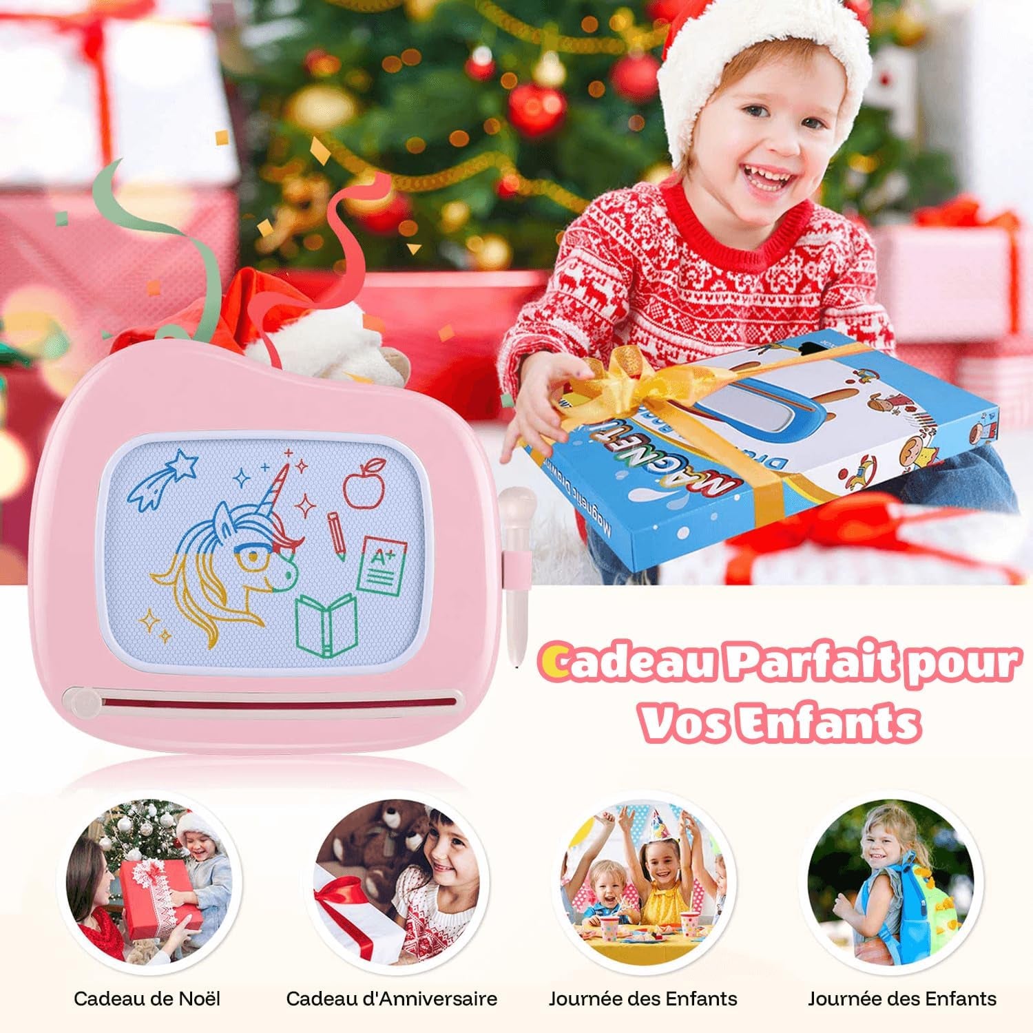 Jouet Bebe 1 an Filles, Ardoise Magique Grande Avec Pieds, Tableau De Dessin Magnétique Effaçable, Cadeau D'Anniversaire De Noël Pour 1 2 3 Ans Enfants (Rose Clair)