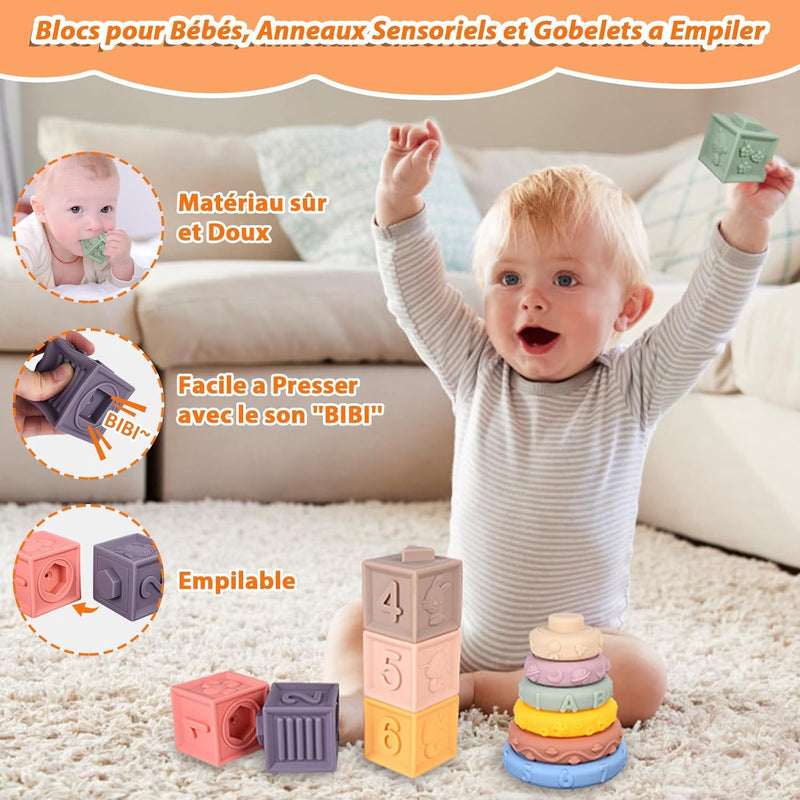 Herenear 6 En 1 Jeux Montessori Bébé Eveil, Jouets Sensoriels, Trieur De Formes, Jouets En Blocs, Boite Mouchoir Bebe, Jouets À Empiler, Jeux Montessori Pour Bebe 6 9 12 Mois 1 2 3 Ans