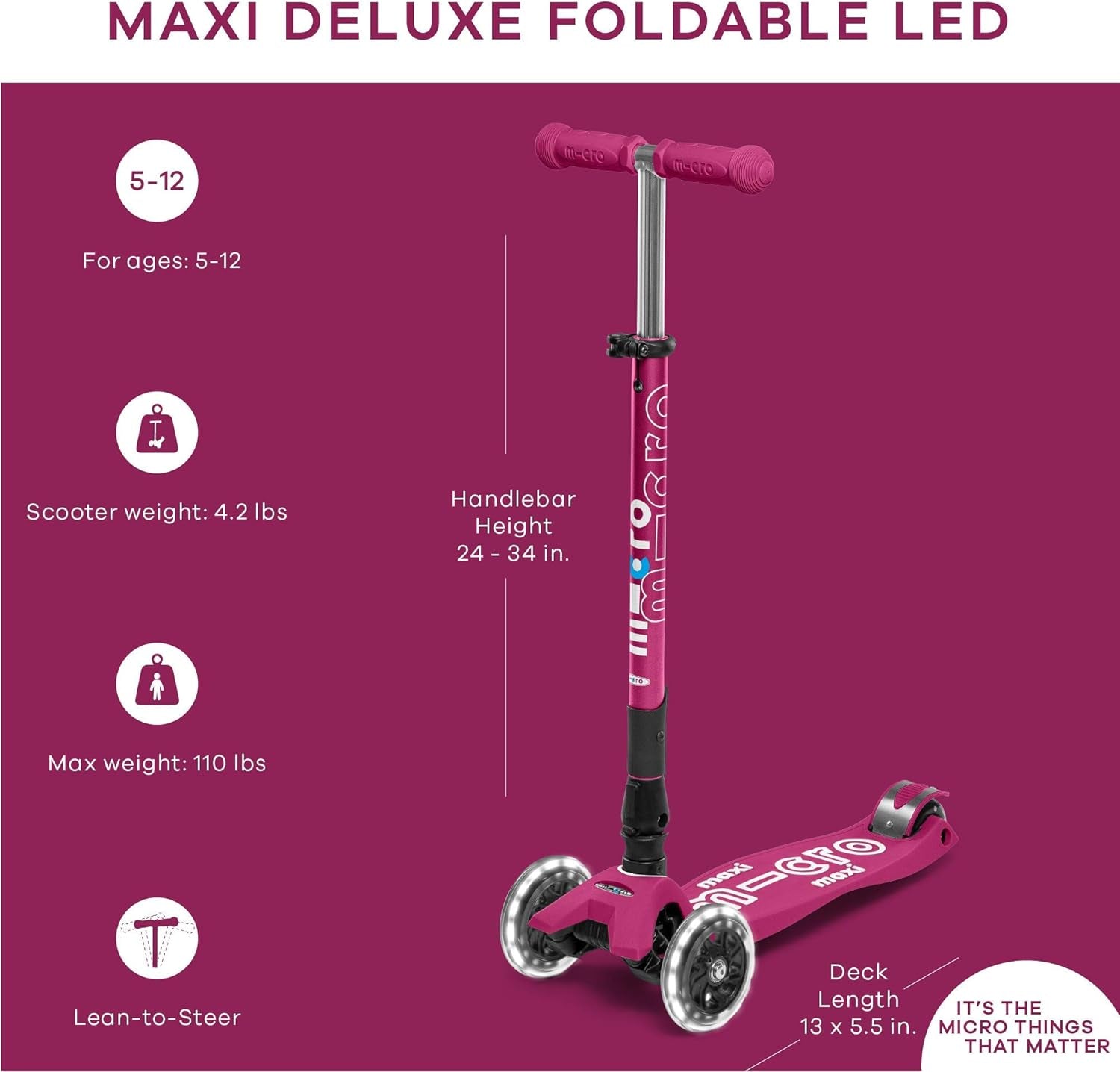 | Trottinette Enfant Maxi Deluxe Pliable LED | Trottinette 3 Roues | Guidon Ajustable | Roues Lumineuses | 5-12 Ans