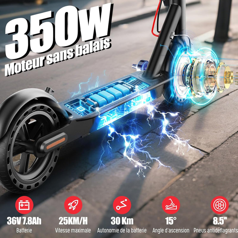 T3 Trottinette Electrique Adulte Antivol Ultra Legere, Moteur 350W/25KM/H Autonomie 35KM Batterie 36V 7.8Ah,Trotinette Électrique Adulte Pliable Pneus Nid D'Abeille Increvables, Charge 120Kg