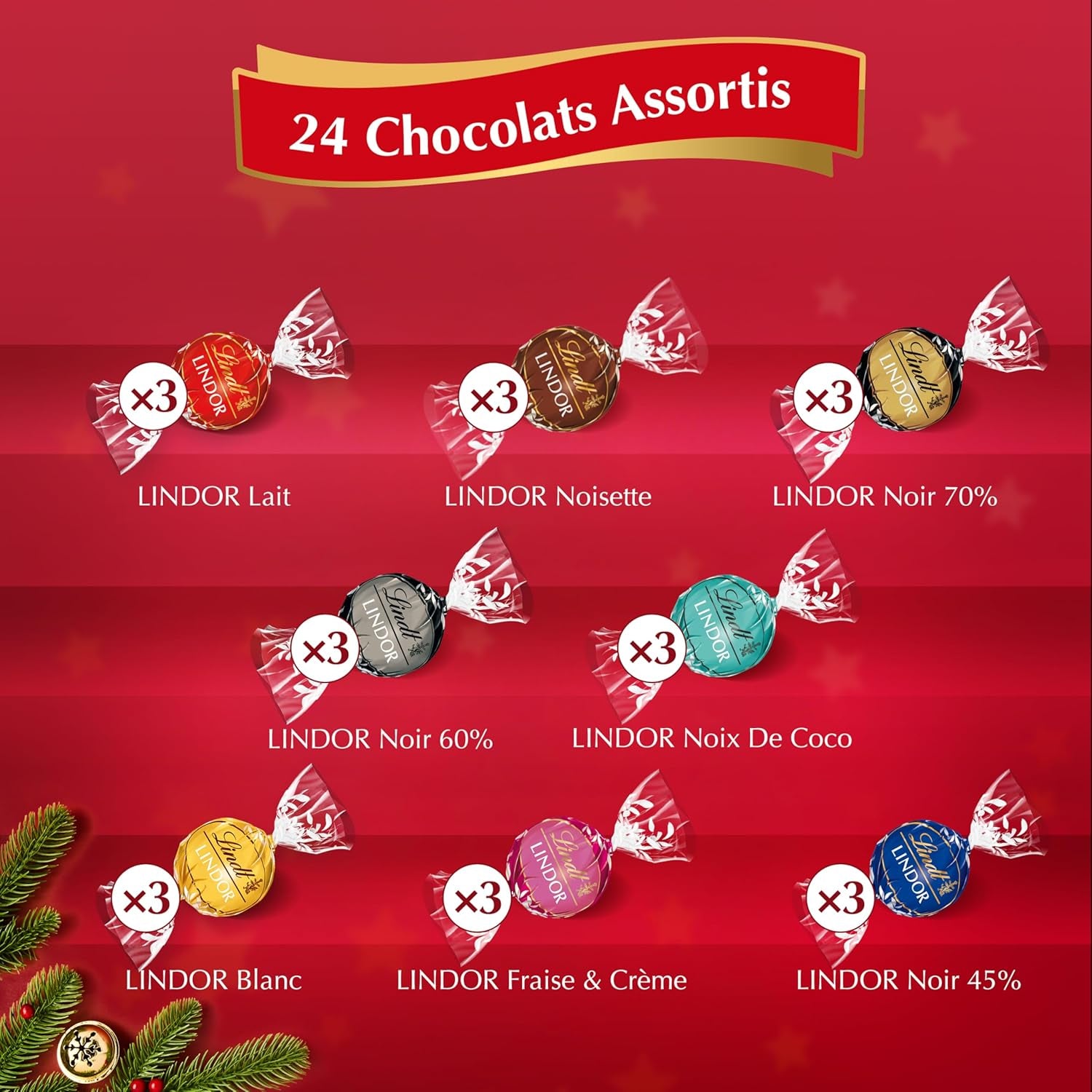 - Calendrier De L'Avent LINDOR - Assortiment De Chocolats Au Lait,Noir 45%, Noir 60%, Noir 70%, Blanc, Coco, Noisettes - Idéal Pour Noël, 312G
