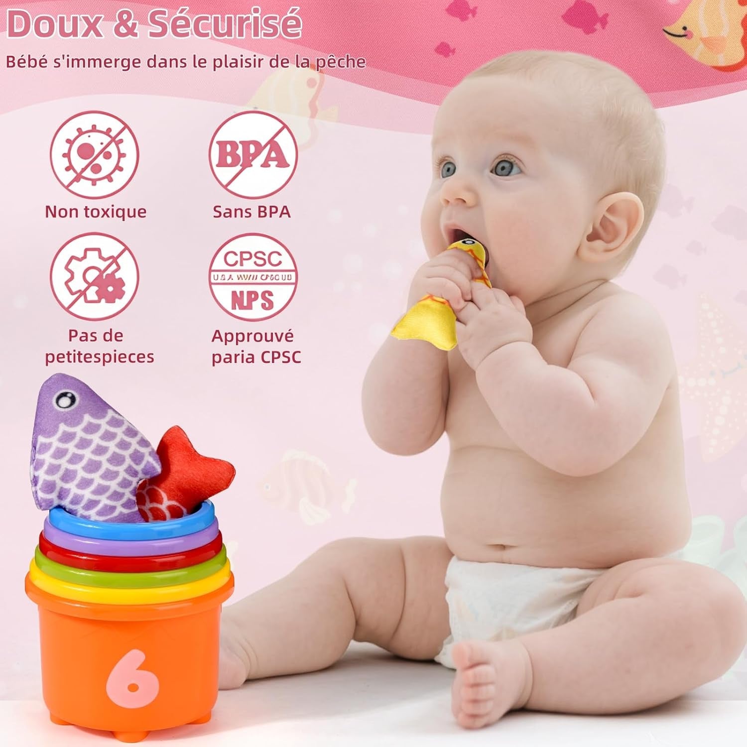 Jouet Fille 1 An, Jeux Montessori Pêche a La Ligne Pour Enfant 6 9 12 18 Mois, Apprendre Les Couleurs Avec Jouets,Fille Garçon Jouet Bebe 6 Mois Pink Cadeau Pour Enfant 1 2 3 Ans